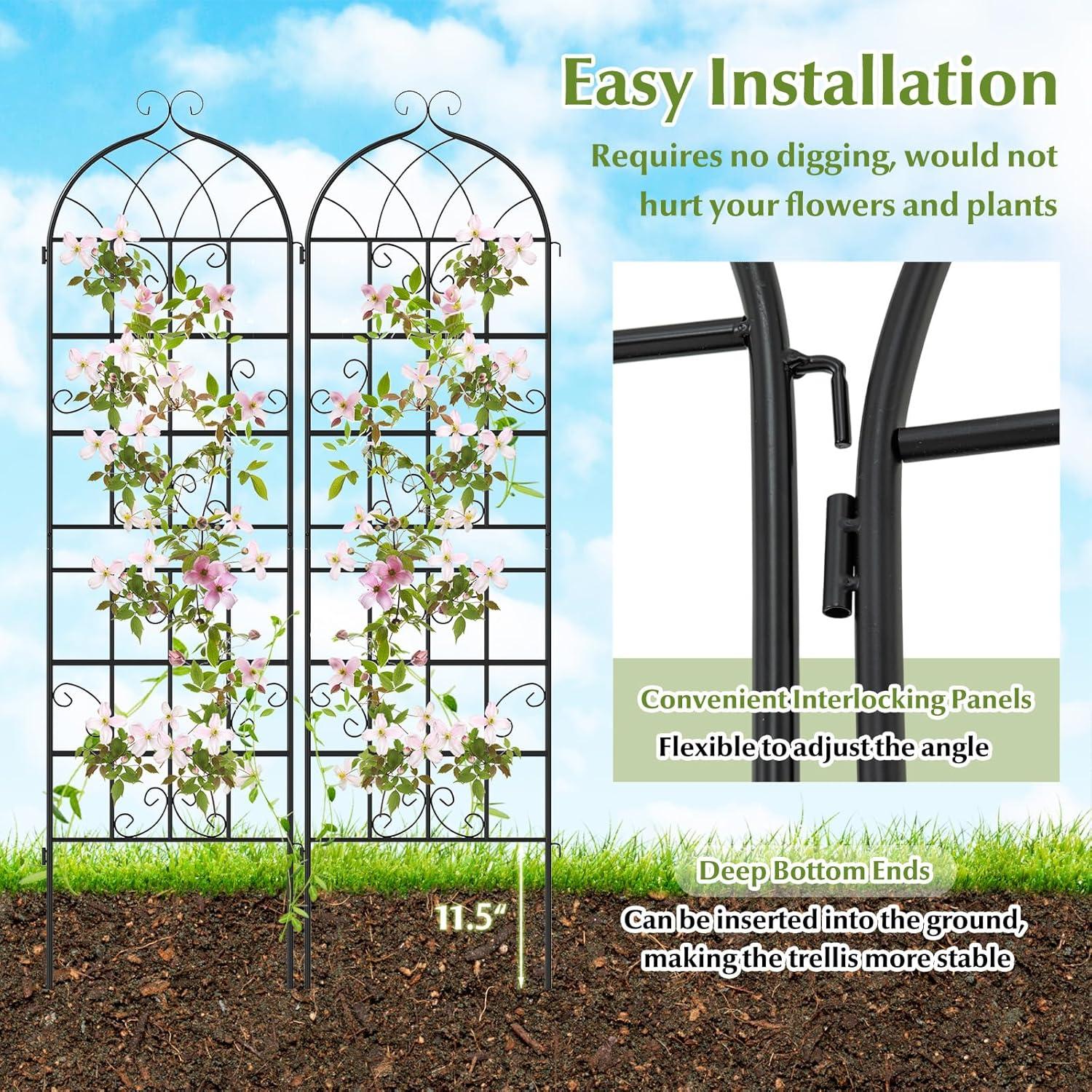 image:imageGiantex 2 Packs 86x20 Metal Garden Trellis for Outdoor Climbing Plants HeavyDuty Plant Support for Vine Rose Vegetable Flower Rustproof Black Metal Coating Patio Trellis Arch Decorative Fence71x204 Panel