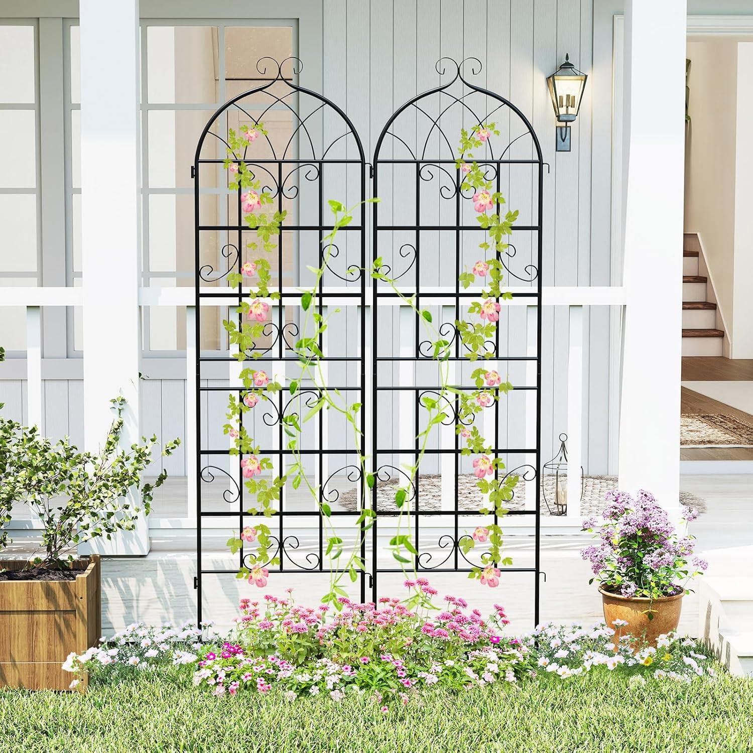 image:imageGiantex 2 Packs 86x20 Metal Garden Trellis for Outdoor Climbing Plants HeavyDuty Plant Support for Vine Rose Vegetable Flower Rustproof Black Metal Coating Patio Trellis Arch Decorative Fence71x202 Panel