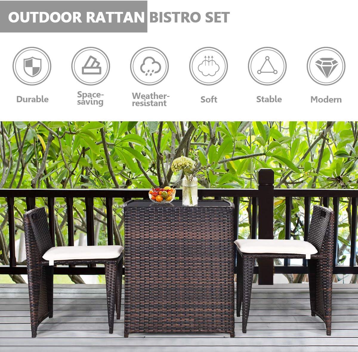 image:imageGiantex 3 PCS Cushioned Outdoor Wicker Patio Set Convention Bistro Set Garden Lawn Space Saving Conversation Sofa Furniture No Assembly BrownLight Brown