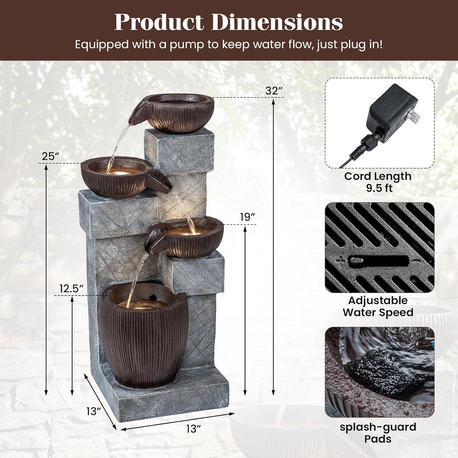 image:imageGiantex 32 Water Fountain Outdoor 4Tier Cascading Bowls Waterfall Fountain with Warm LED Lights amp Pump Outside Zen Water Feature for Patio Balcony Deck Garden Yard Decor32 4Tier