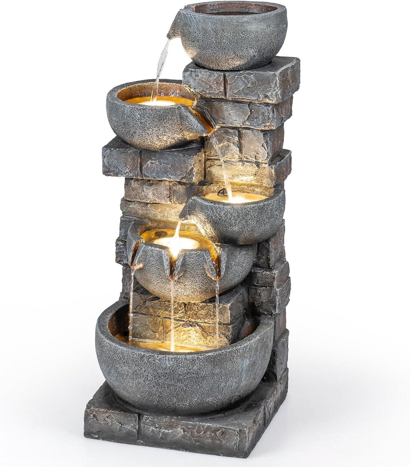 image:imageGiantex 32 Water Fountain Outdoor 4Tier Cascading Bowls Waterfall Fountain with Warm LED Lights amp Pump Outside Zen Water Feature for Patio Balcony Deck Garden Yard Decor33 5Tier