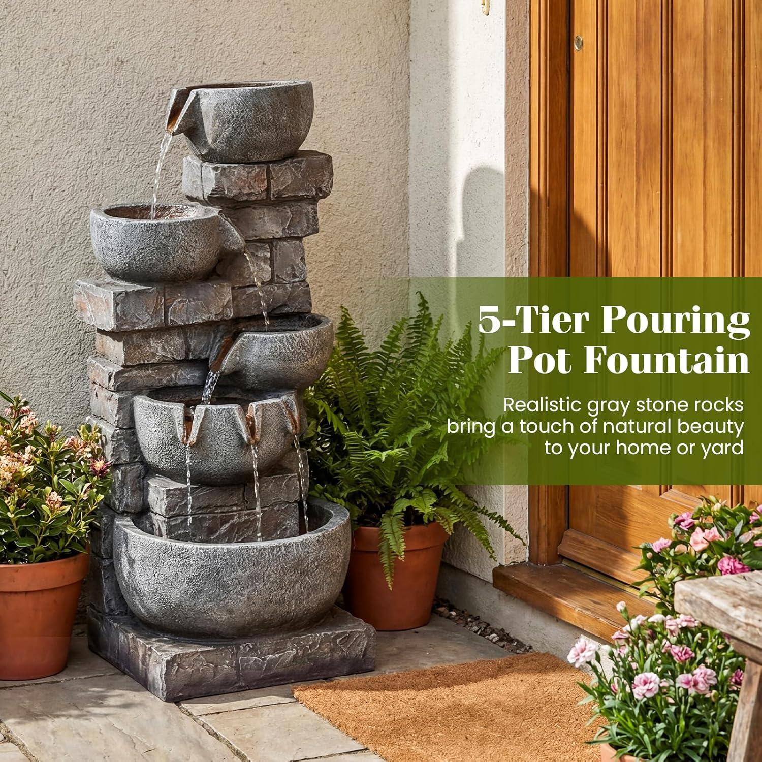image:imageGiantex 32 Water Fountain Outdoor 4Tier Cascading Bowls Waterfall Fountain with Warm LED Lights amp Pump Outside Zen Water Feature for Patio Balcony Deck Garden Yard Decor33 5Tier