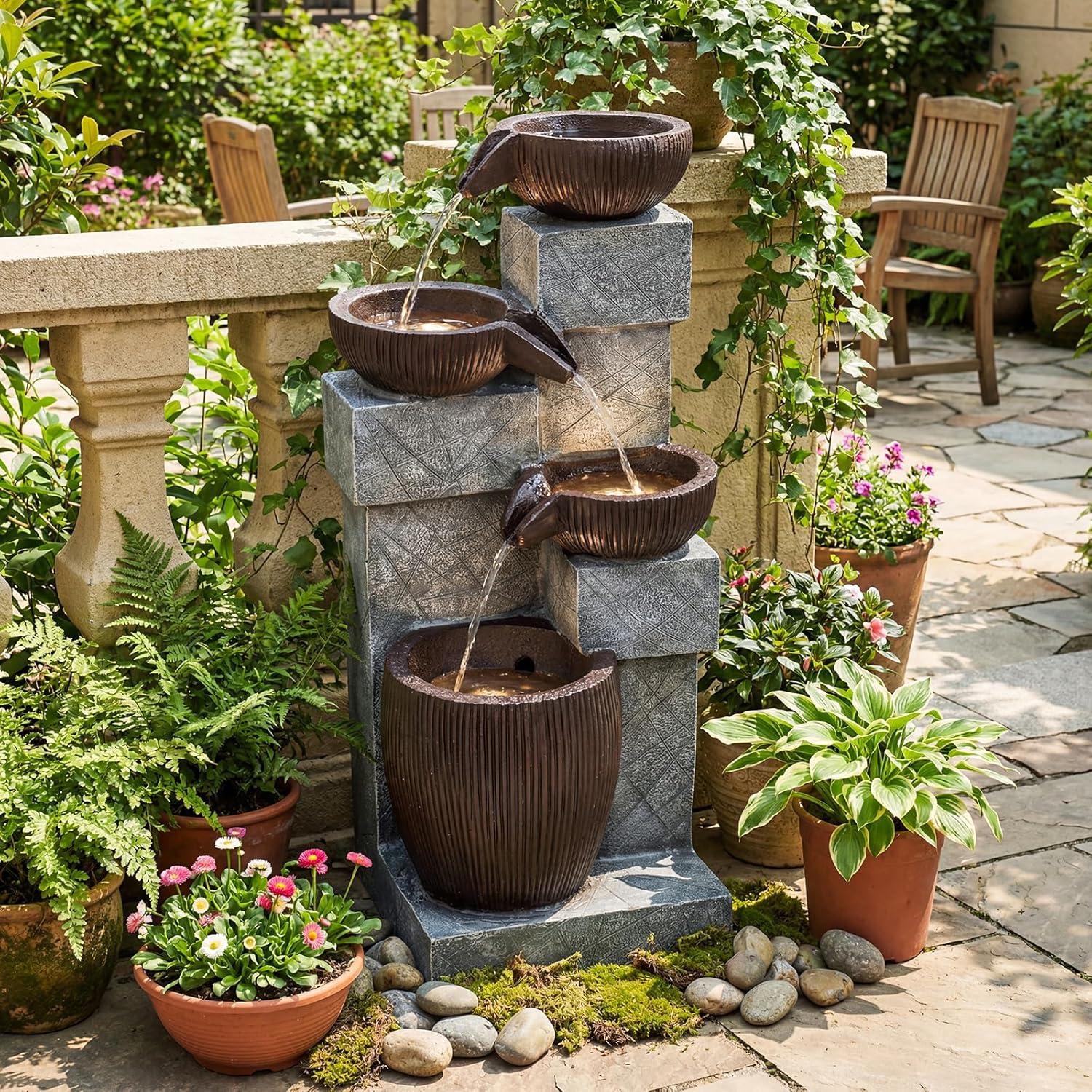 image:imageGiantex 32 Water Fountain Outdoor 4Tier Cascading Bowls Waterfall Fountain with Warm LED Lights amp Pump Outside Zen Water Feature for Patio Balcony Deck Garden Yard Decor32 4Tier