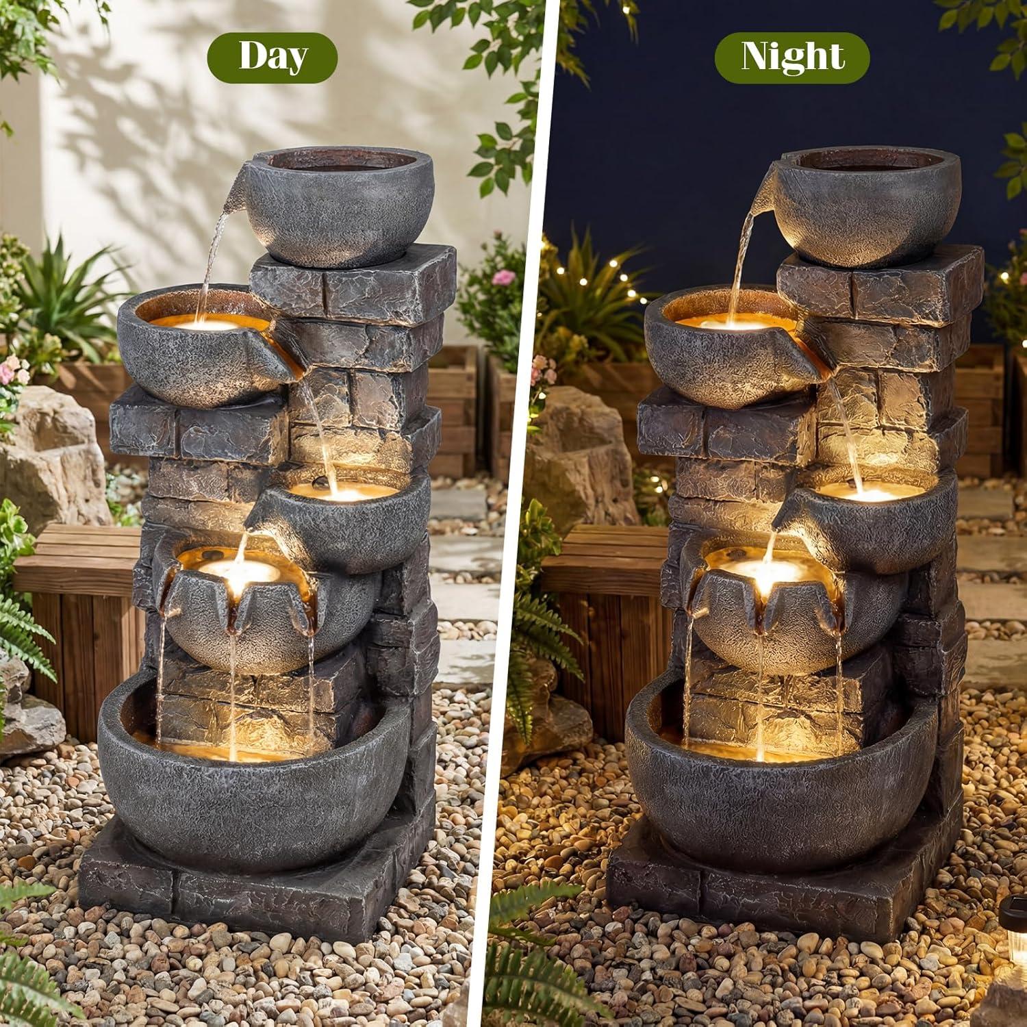 image:imageGiantex 32 Water Fountain Outdoor 4Tier Cascading Bowls Waterfall Fountain with Warm LED Lights amp Pump Outside Zen Water Feature for Patio Balcony Deck Garden Yard Decor33 5Tier