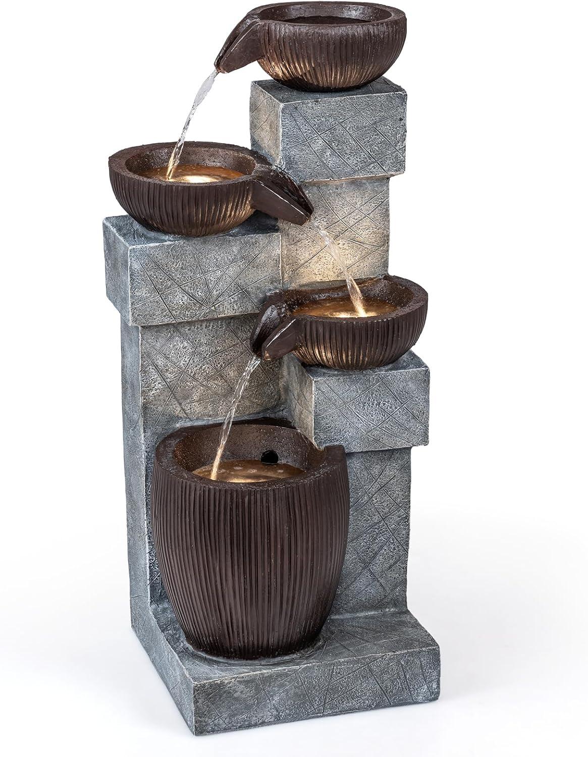 image:imageGiantex 32 Water Fountain Outdoor 4Tier Cascading Bowls Waterfall Fountain with Warm LED Lights amp Pump Outside Zen Water Feature for Patio Balcony Deck Garden Yard Decor32 4Tier