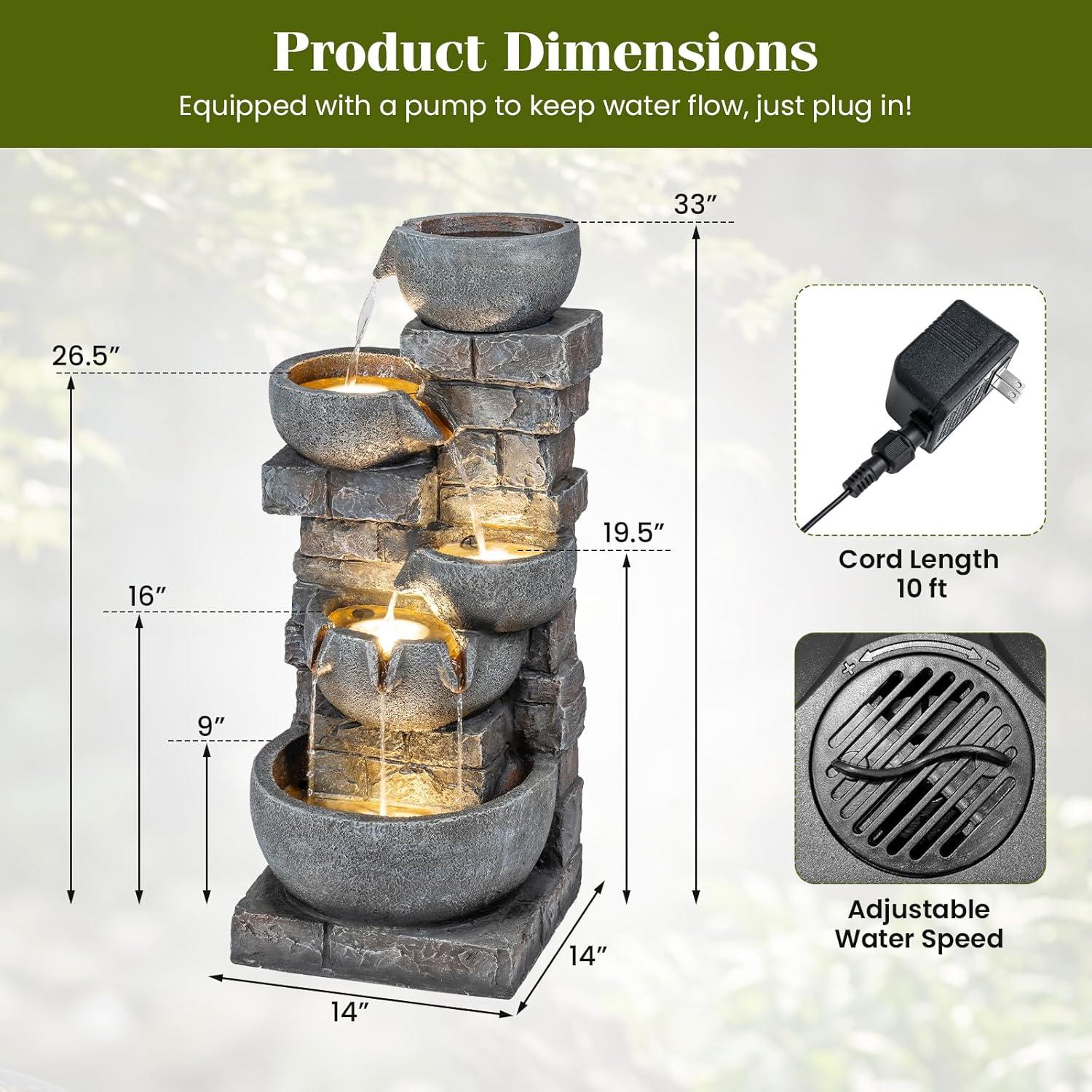 image:imageGiantex 32 Water Fountain Outdoor 4Tier Cascading Bowls Waterfall Fountain with Warm LED Lights amp Pump Outside Zen Water Feature for Patio Balcony Deck Garden Yard Decor33 5Tier