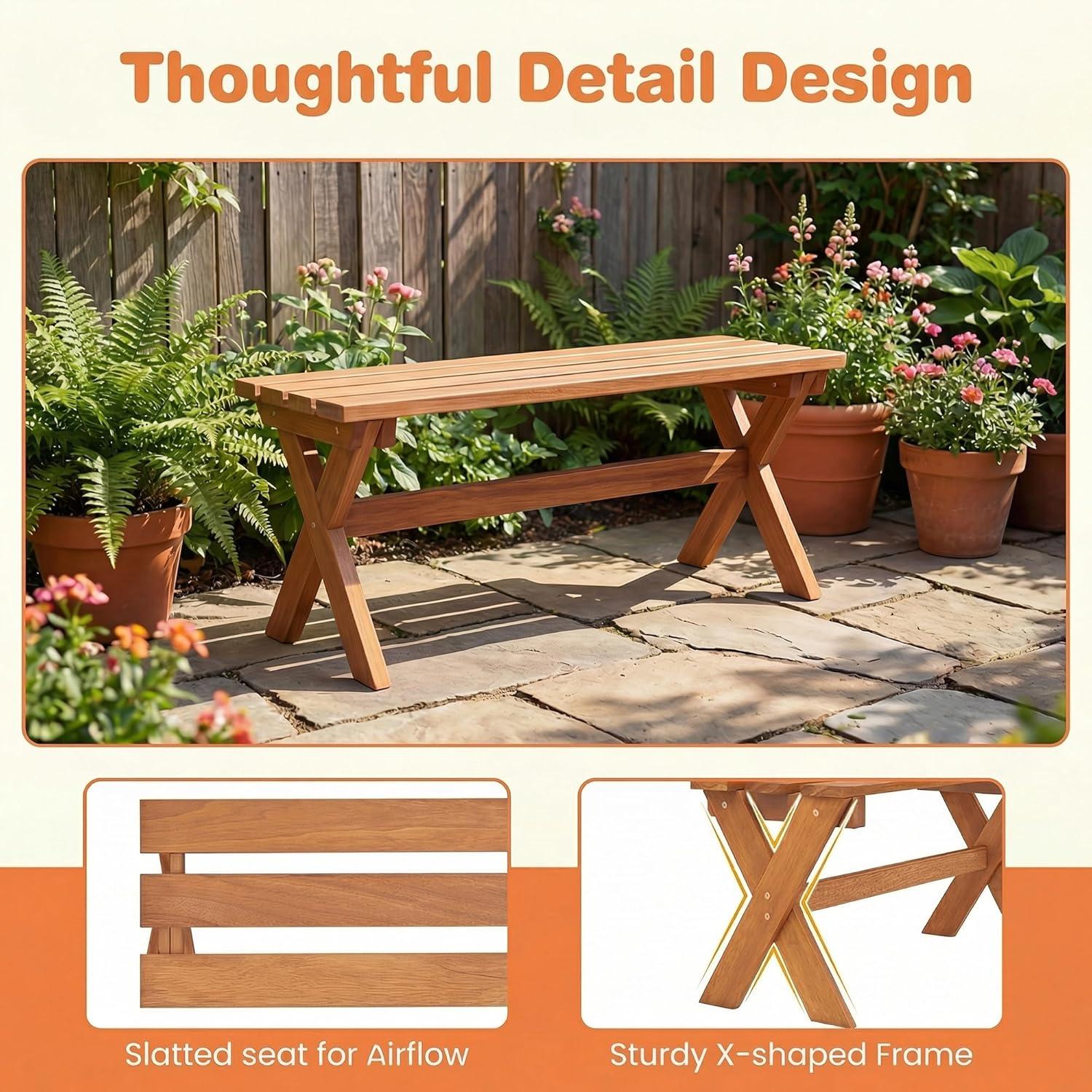 image:imageGiantex 36 Wood Outdoor Bench Backless Patio Bench with Slatted Seat amp Solid Wood Frame Teak Oil Coating 660 lbs Capacity Outside Wooden Garden Bench for Patio Porch Park Entryway2