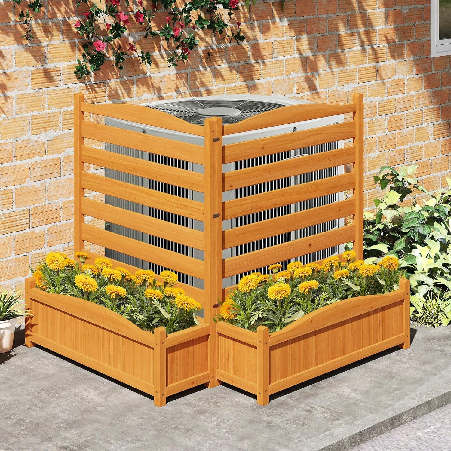 image:imageGiantex 3Panel Air Conditioner Fence with Planter Box 40H NoDig Wooden Privacy Screen for AC Unit Trash Can amp Pool Equipment Enclosure Slatted Outdoor Garden Fence for Patio Backyard4 Panels 34W x 40H