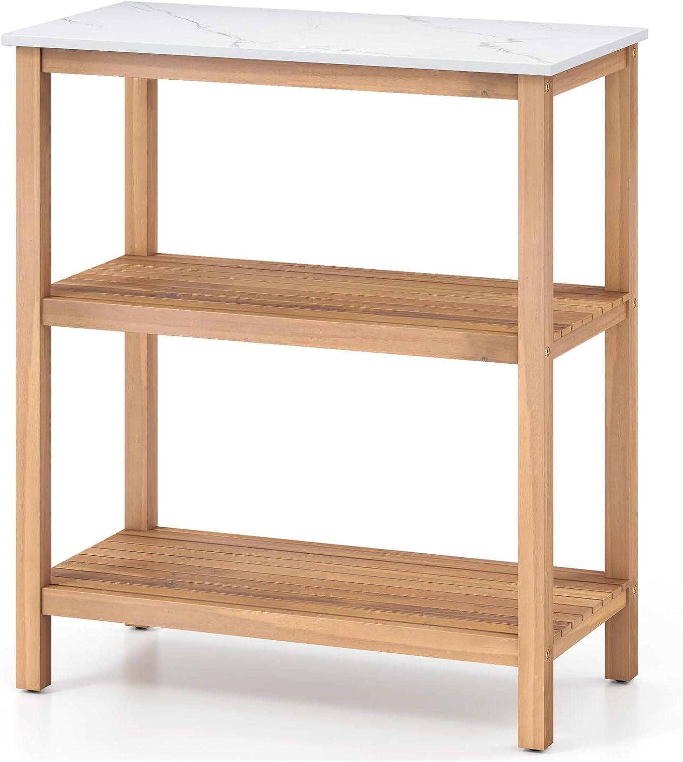 image:imageGiantex 3Tier Outdoor Potting Bench Acacia Wood Planting Workstation with Faux Marble Tabletop Open Storage Shelves 300LBS Capacity Garden Potting Table for Horticulture