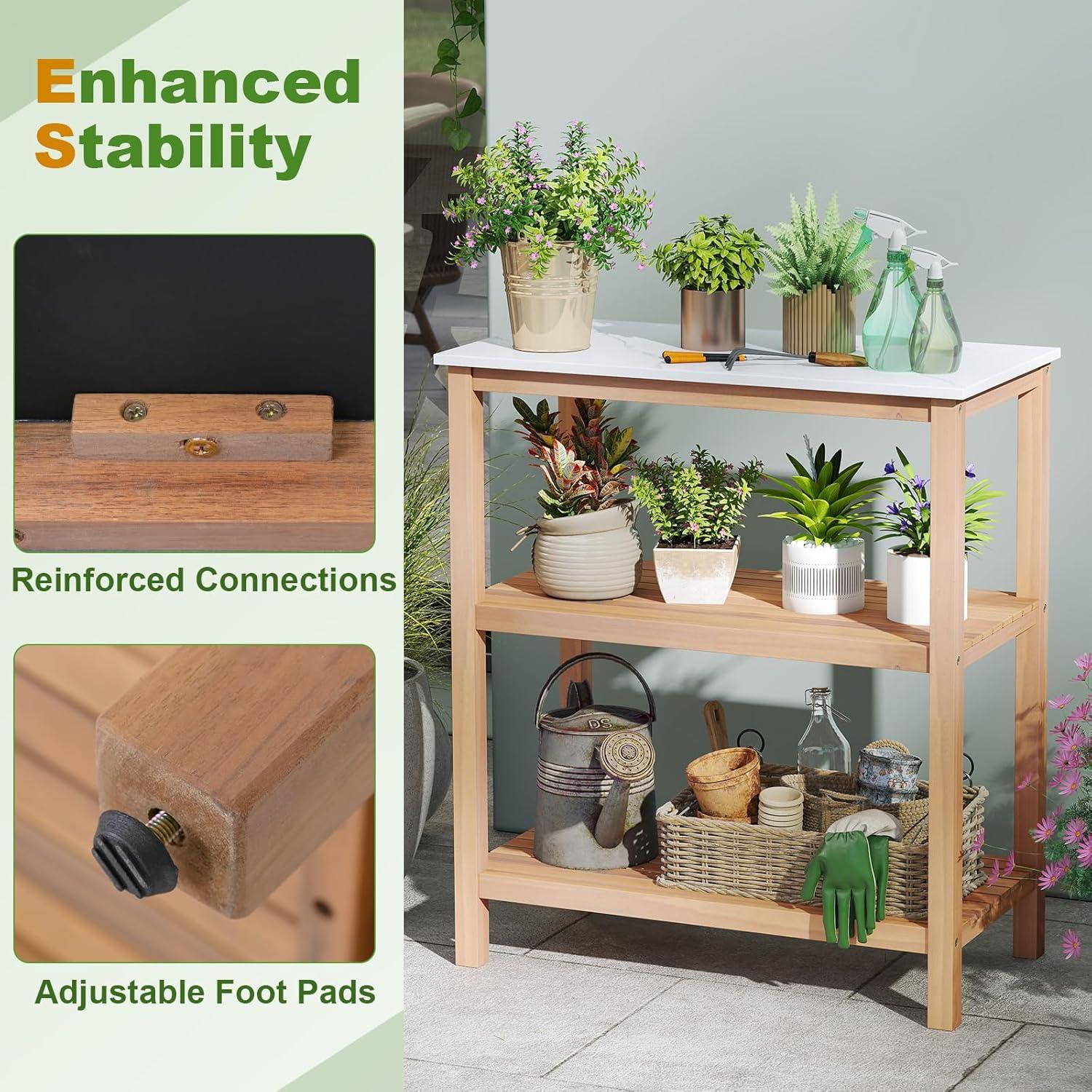 image:imageGiantex 3Tier Outdoor Potting Bench Acacia Wood Planting Workstation with Faux Marble Tabletop Open Storage Shelves 300LBS Capacity Garden Potting Table for Horticulture