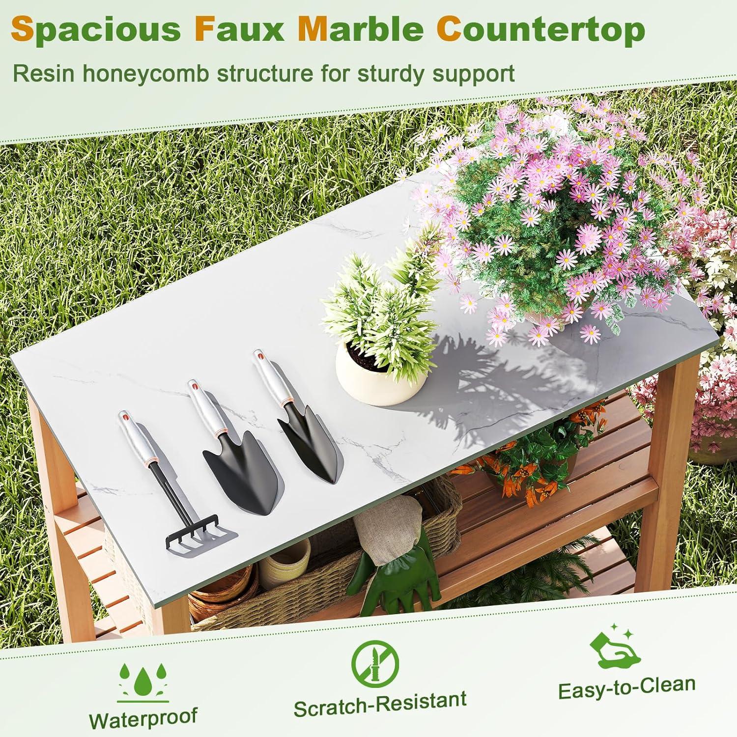 image:imageGiantex 3Tier Outdoor Potting Bench Acacia Wood Planting Workstation with Faux Marble Tabletop Open Storage Shelves 300LBS Capacity Garden Potting Table for Horticulture