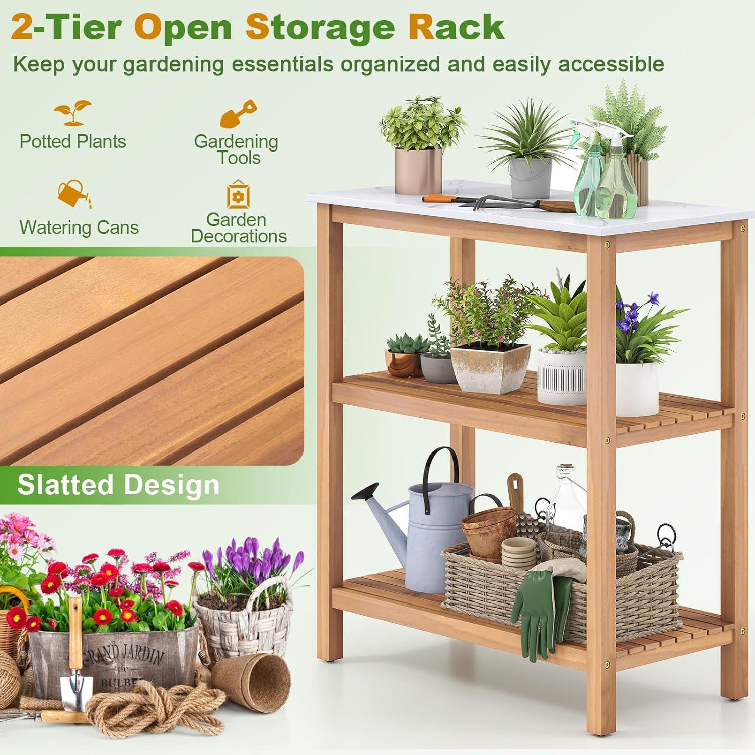 image:imageGiantex 3Tier Outdoor Potting Bench Acacia Wood Planting Workstation with Faux Marble Tabletop Open Storage Shelves 300LBS Capacity Garden Potting Table for Horticulture