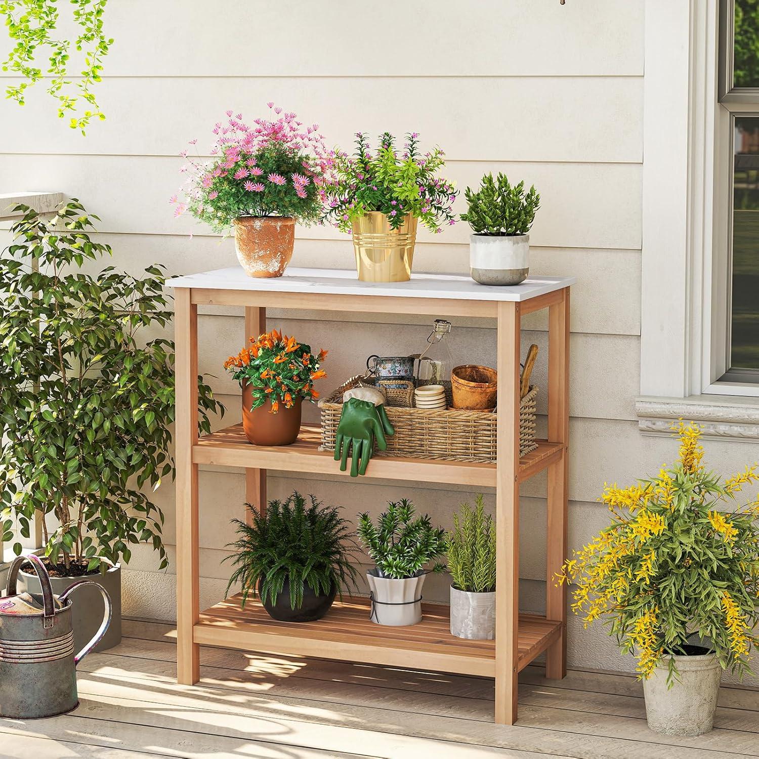 image:imageGiantex 3Tier Outdoor Potting Bench Acacia Wood Planting Workstation with Faux Marble Tabletop Open Storage Shelves 300LBS Capacity Garden Potting Table for Horticulture