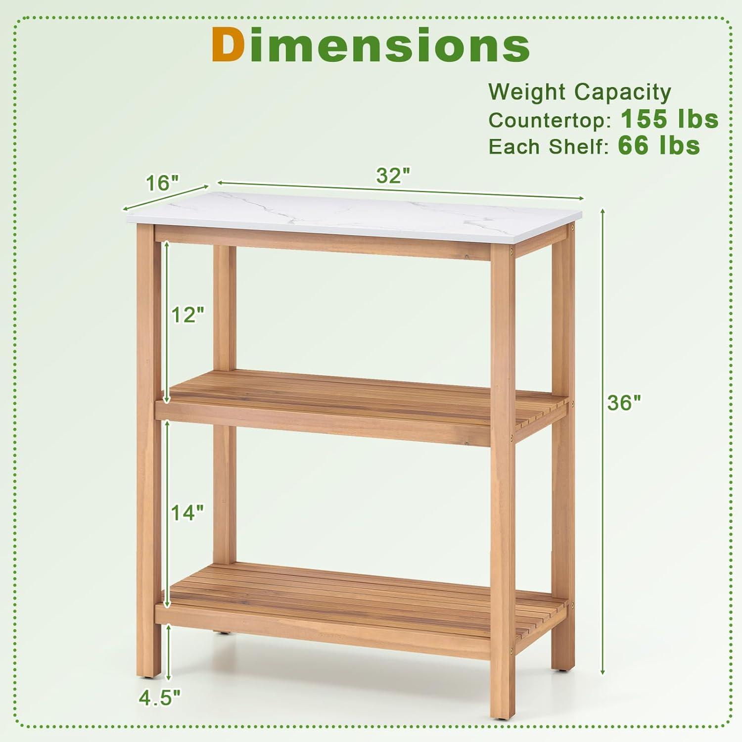 image:imageGiantex 3Tier Outdoor Potting Bench Acacia Wood Planting Workstation with Faux Marble Tabletop Open Storage Shelves 300LBS Capacity Garden Potting Table for Horticulture