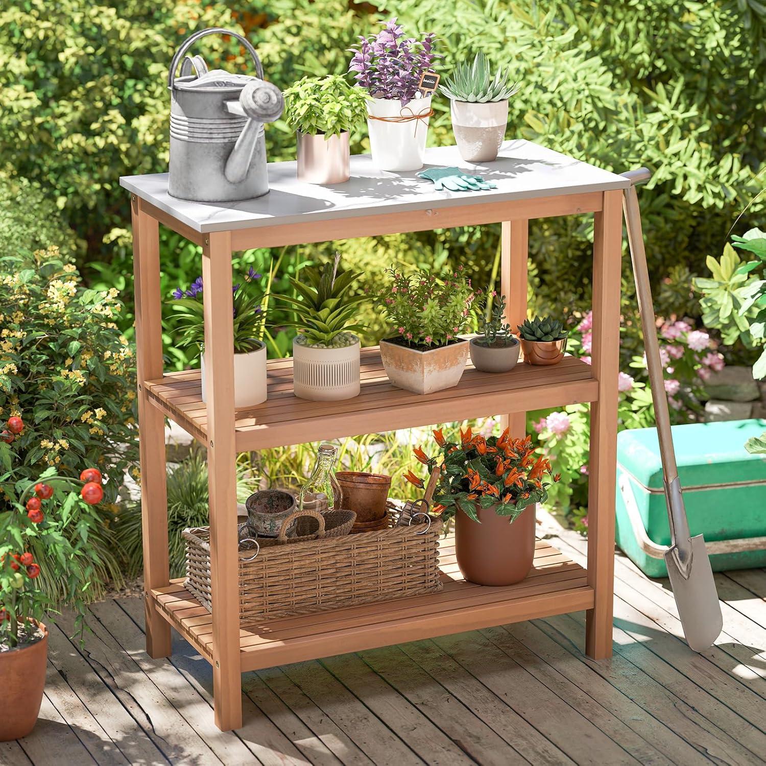 image:imageGiantex 3Tier Outdoor Potting Bench Acacia Wood Planting Workstation with Faux Marble Tabletop Open Storage Shelves 300LBS Capacity Garden Potting Table for Horticulture