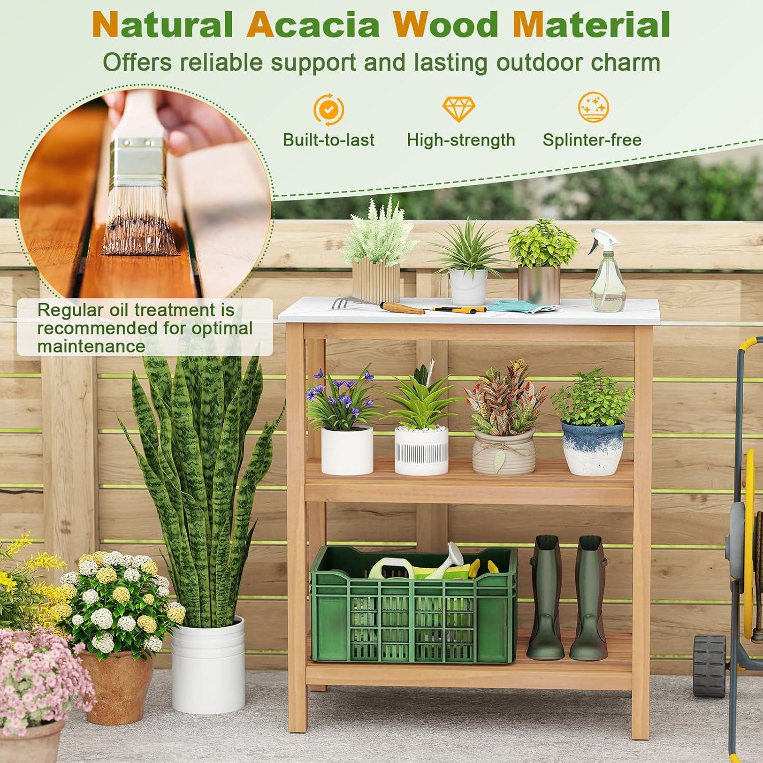 image:imageGiantex 3Tier Outdoor Potting Bench Acacia Wood Planting Workstation with Faux Marble Tabletop Open Storage Shelves 300LBS Capacity Garden Potting Table for Horticulture