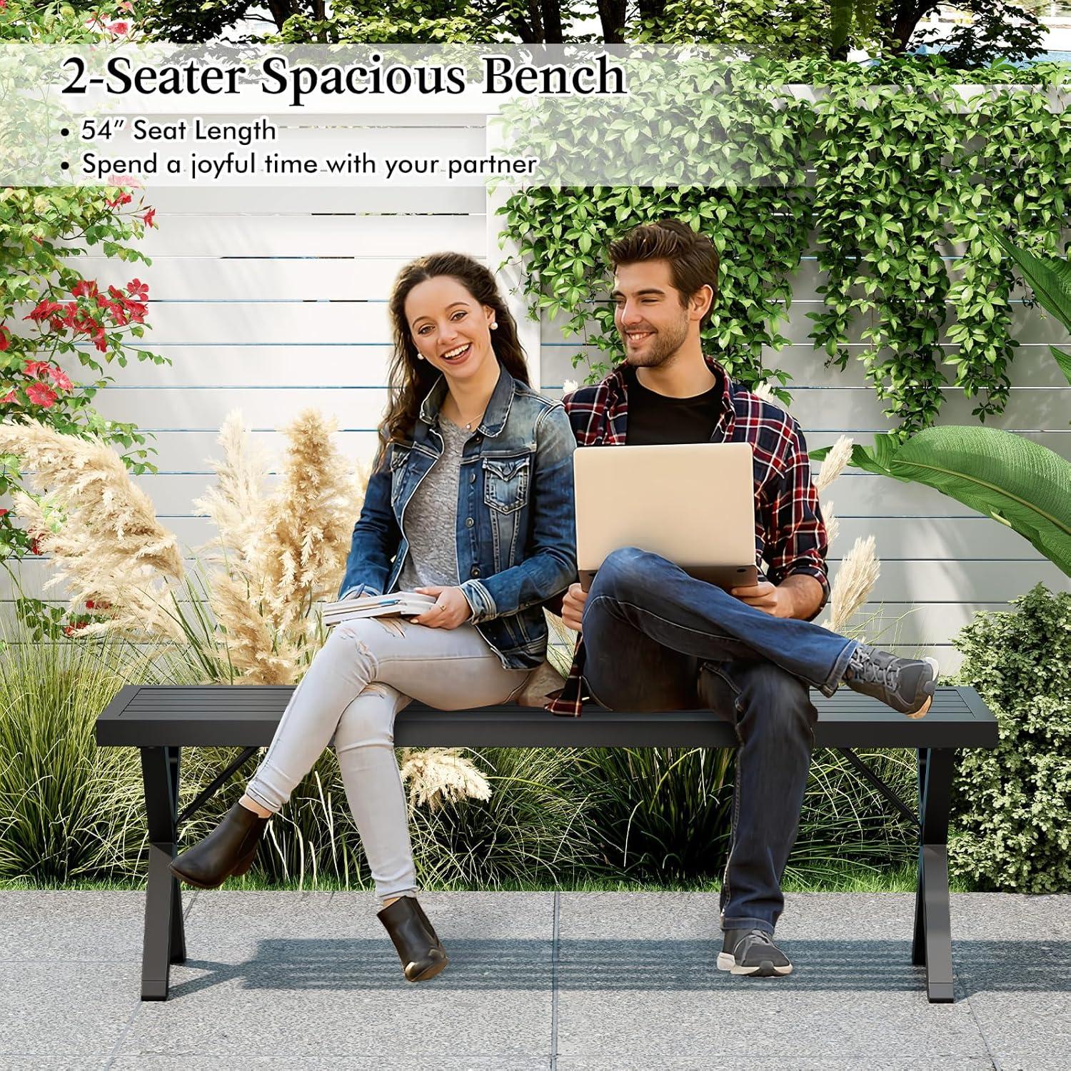 image:imageGiantex 54 Outdoor Bench Metal Garden Bench with Slatted Seat XShaped Legs HeavyDuty Patio Backless Loveseat Load 800 LBS 2Person Park Bench for Lawn Yard Porch Black2