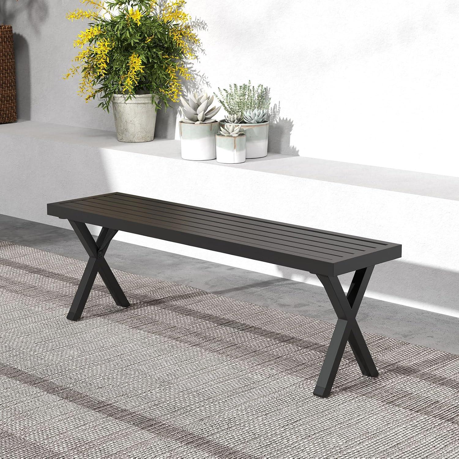 image:imageGiantex 54 Outdoor Bench Metal Garden Bench with Slatted Seat XShaped Legs HeavyDuty Patio Backless Loveseat Load 800 LBS 2Person Park Bench for Lawn Yard Porch Black1