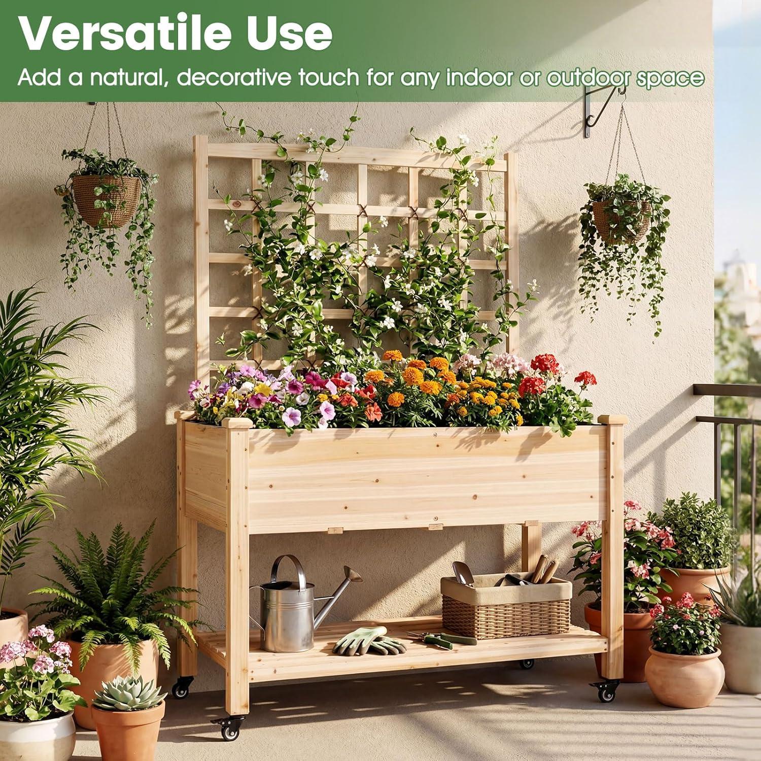 image:imageGiantex 65 Wooden Raised Garden Bed wTrellis on Wheels Mobile Elevated Planter Box wLegs Liner amp Drainage Holes for Climbing Plant Vegetable Herb Flower Outdoor Garden Box Backyard Balcony2