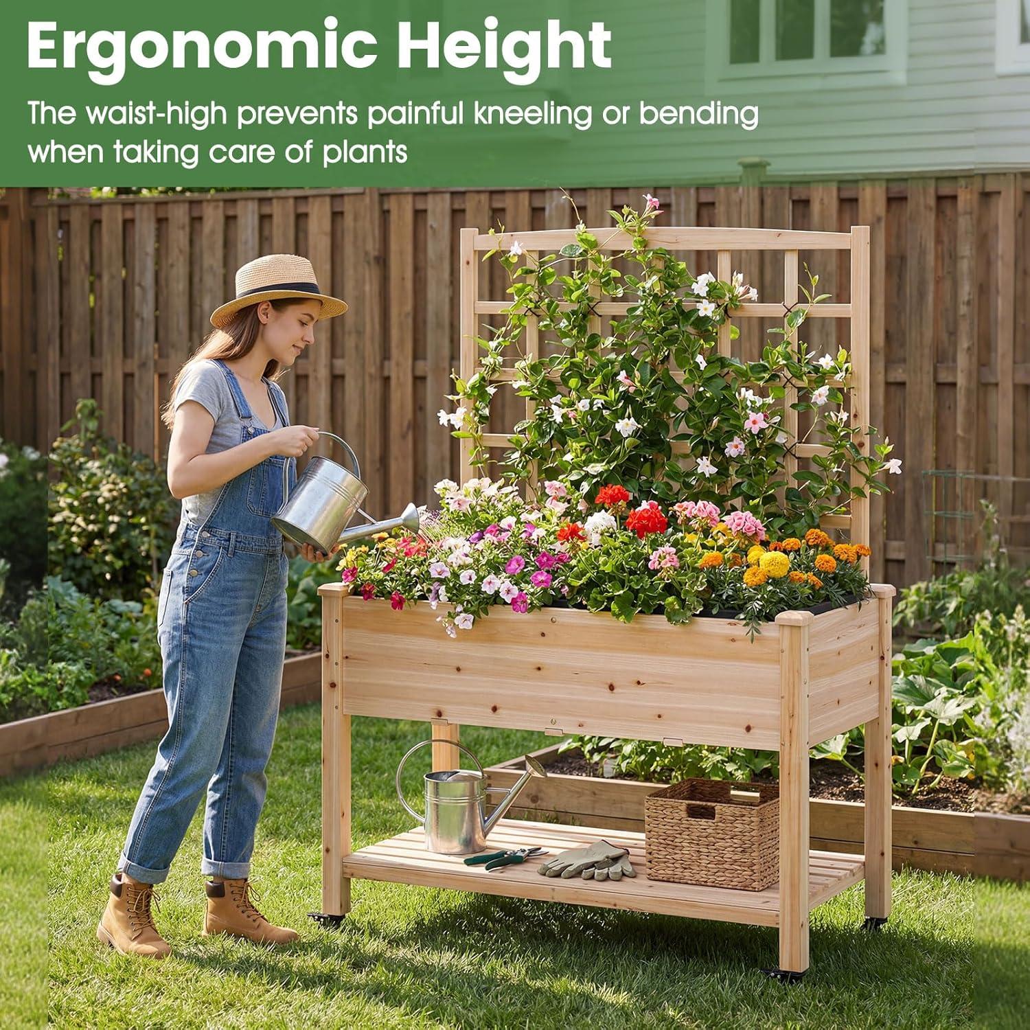 image:imageGiantex 65 Wooden Raised Garden Bed wTrellis on Wheels Mobile Elevated Planter Box wLegs Liner amp Drainage Holes for Climbing Plant Vegetable Herb Flower Outdoor Garden Box Backyard Balcony2