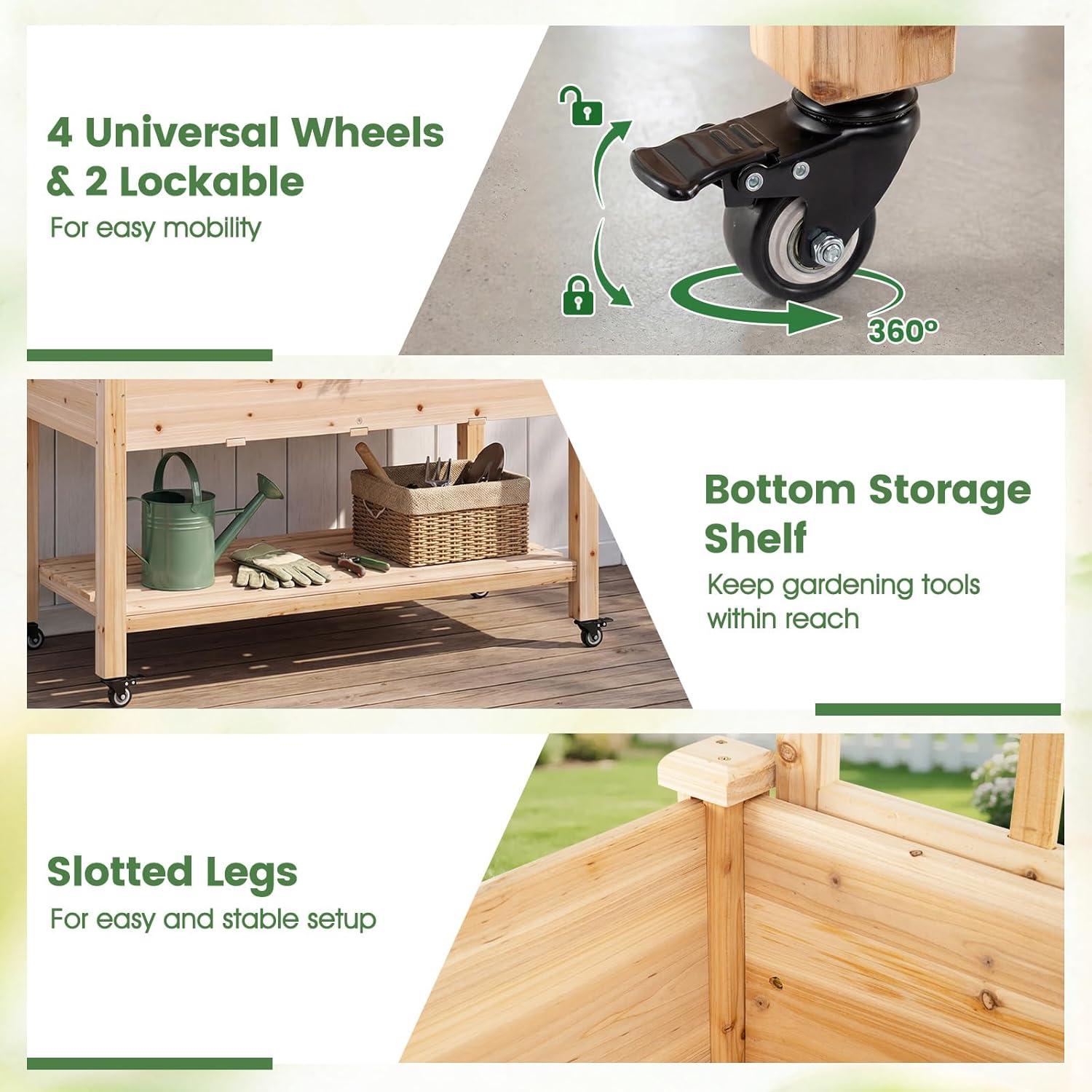 image:imageGiantex 65 Wooden Raised Garden Bed wTrellis on Wheels Mobile Elevated Planter Box wLegs Liner amp Drainage Holes for Climbing Plant Vegetable Herb Flower Outdoor Garden Box Backyard Balcony2