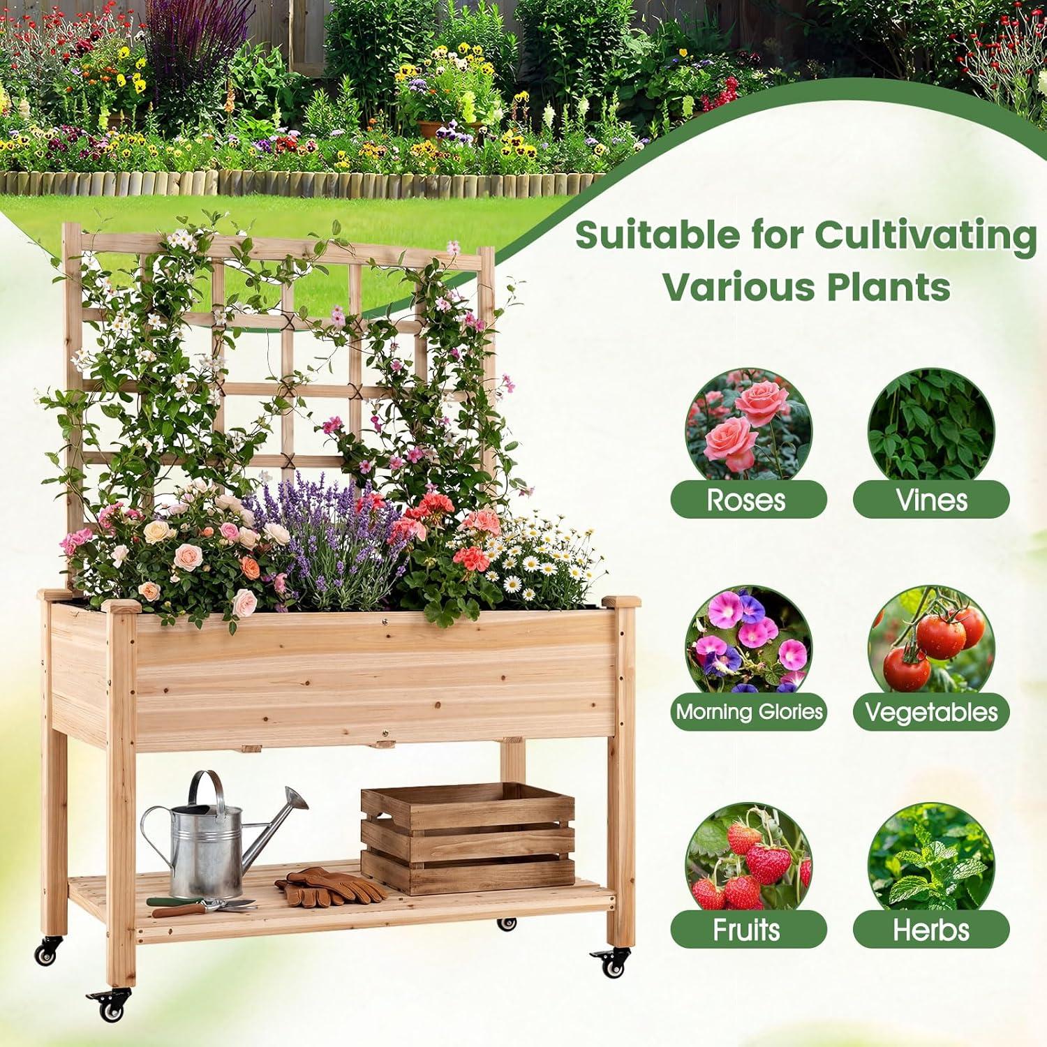 image:imageGiantex 65 Wooden Raised Garden Bed wTrellis on Wheels Mobile Elevated Planter Box wLegs Liner amp Drainage Holes for Climbing Plant Vegetable Herb Flower Outdoor Garden Box Backyard Balcony2