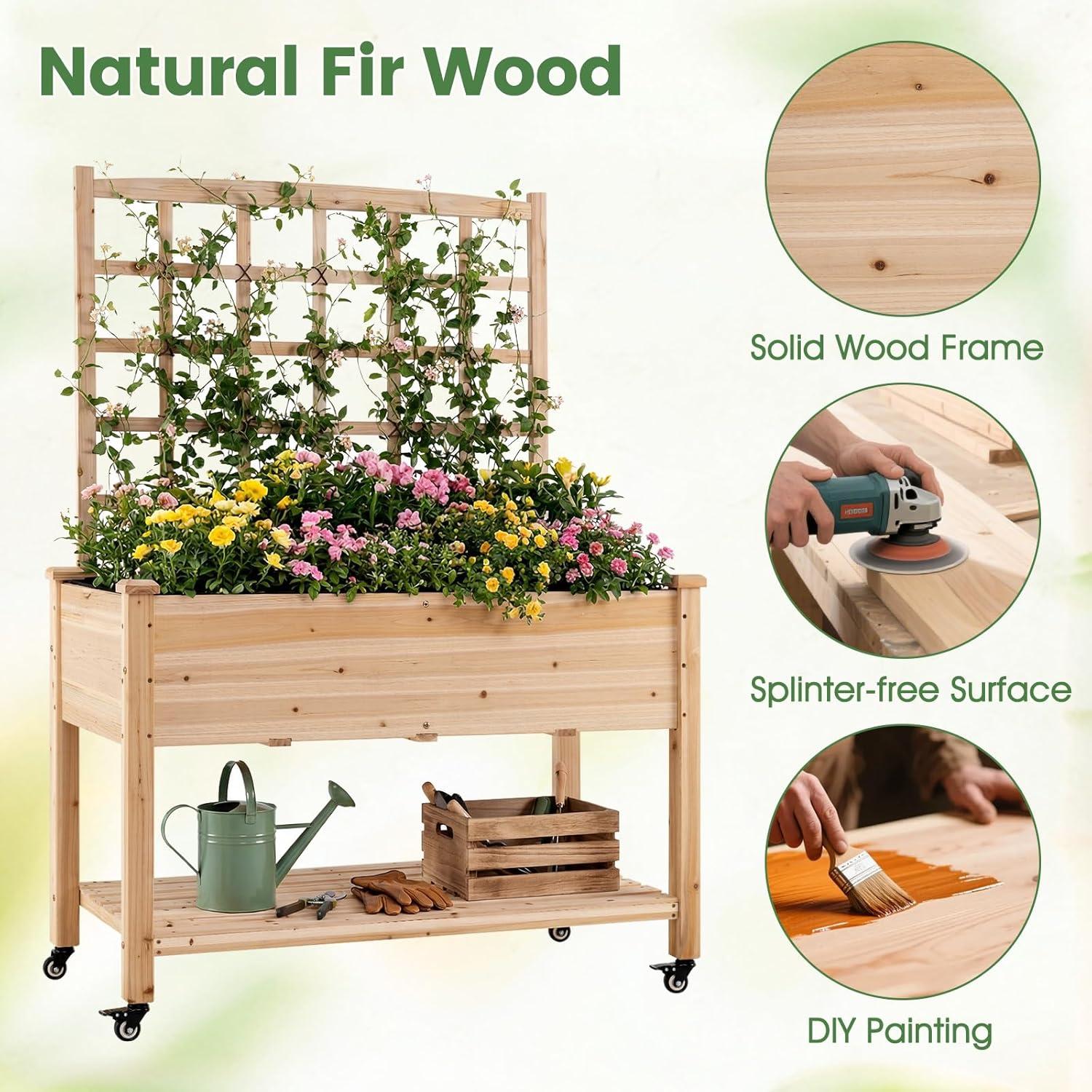 image:imageGiantex 65 Wooden Raised Garden Bed wTrellis on Wheels Mobile Elevated Planter Box wLegs Liner amp Drainage Holes for Climbing Plant Vegetable Herb Flower Outdoor Garden Box Backyard Balcony2