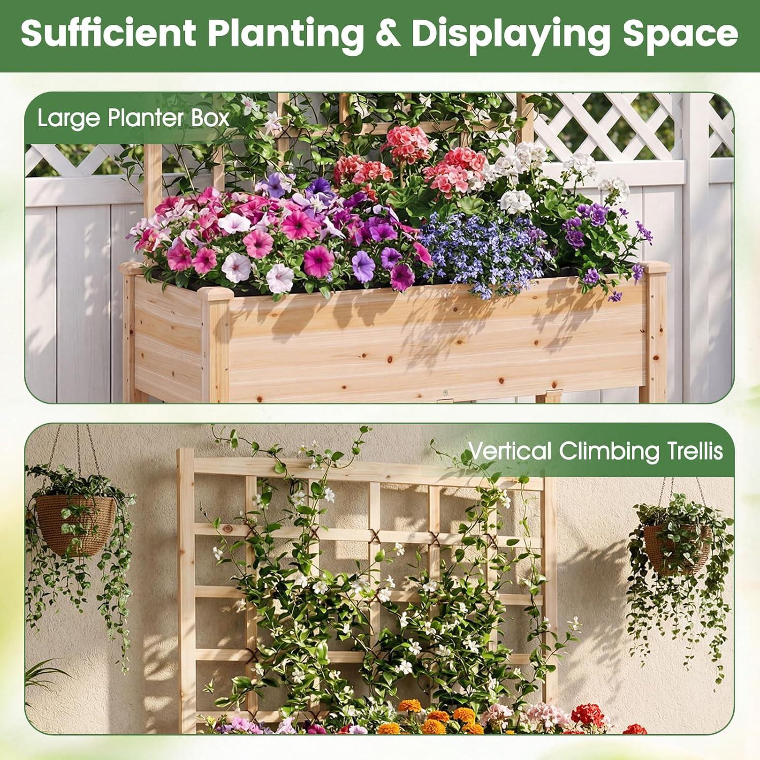 image:imageGiantex 65 Wooden Raised Garden Bed wTrellis on Wheels Mobile Elevated Planter Box wLegs Liner amp Drainage Holes for Climbing Plant Vegetable Herb Flower Outdoor Garden Box Backyard Balcony2