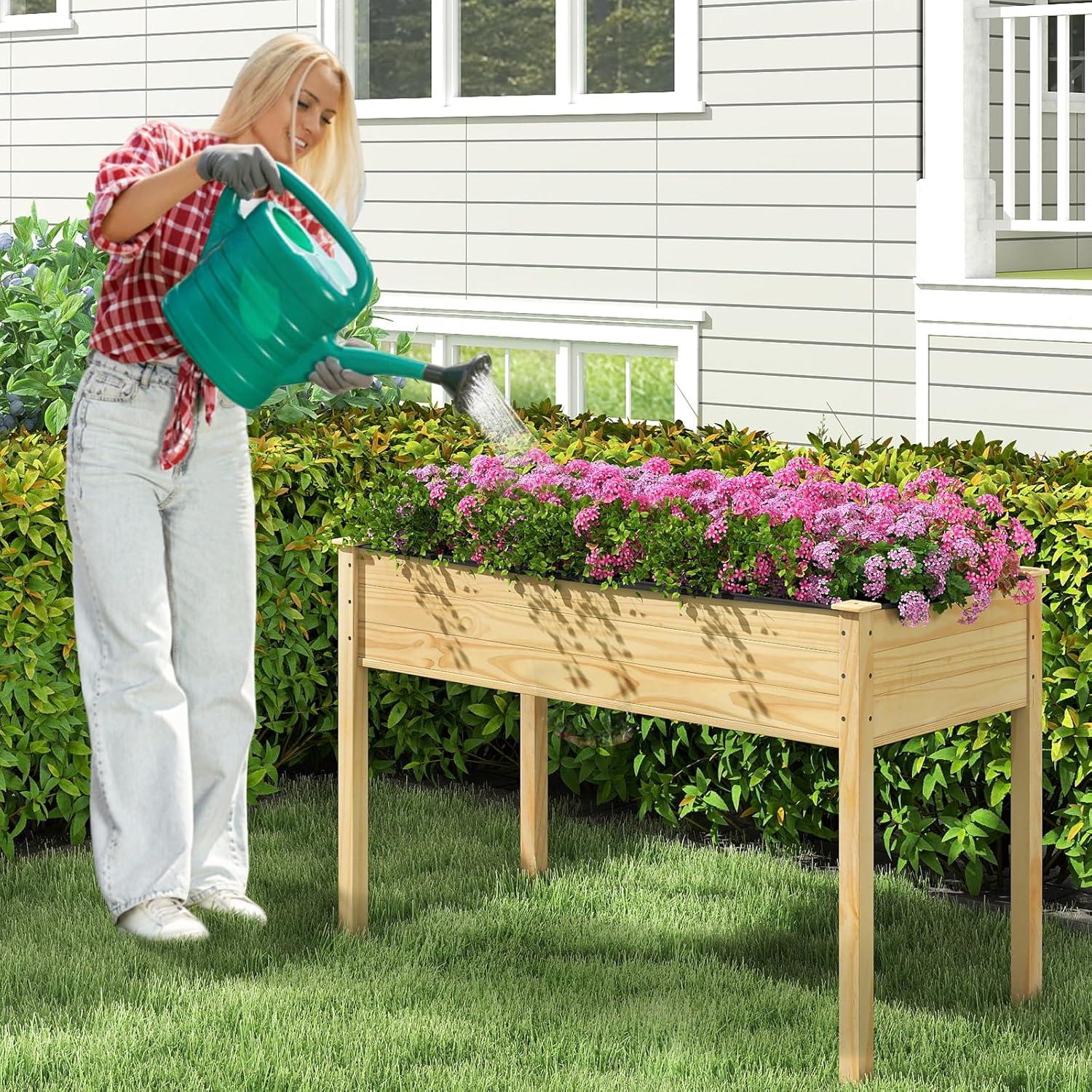 image:imageGiantex 65 Wooden Raised Garden Bed wTrellis on Wheels Mobile Elevated Planter Box wLegs Liner amp Drainage Holes for Climbing Plant Vegetable Herb Flower Outdoor Garden Box Backyard Balcony2