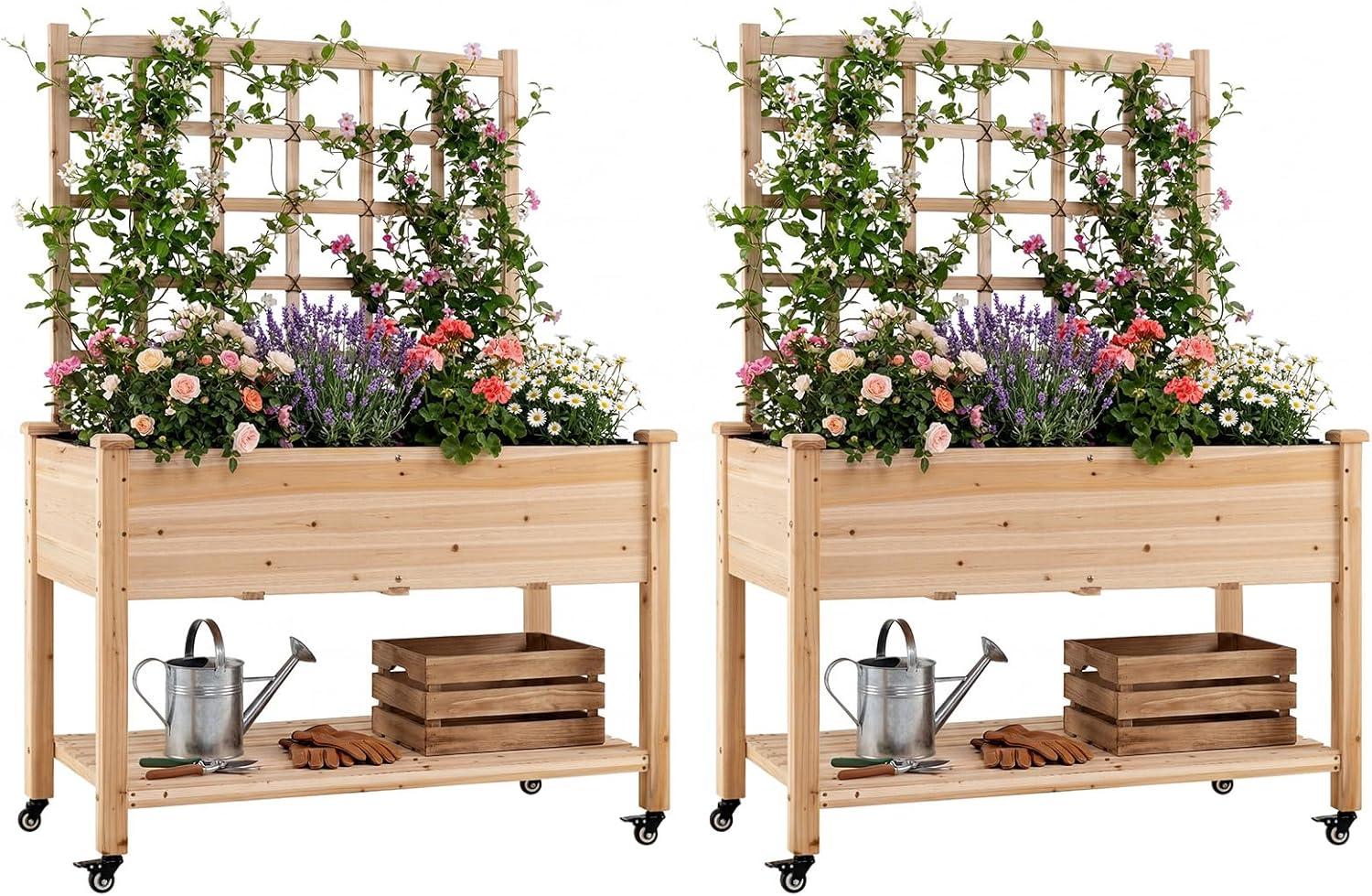 image:imageGiantex 65 Wooden Raised Garden Bed wTrellis on Wheels Mobile Elevated Planter Box wLegs Liner amp Drainage Holes for Climbing Plant Vegetable Herb Flower Outdoor Garden Box Backyard Balcony2