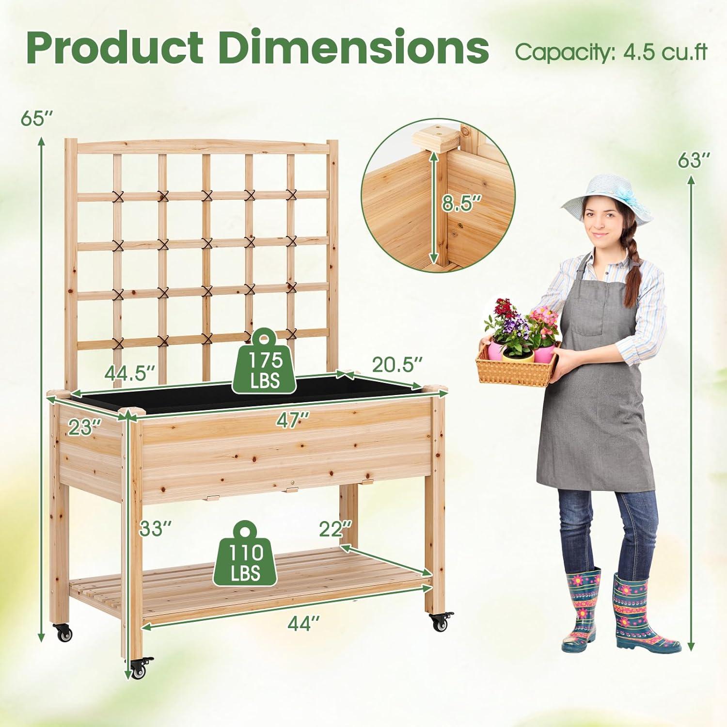 image:imageGiantex 65 Wooden Raised Garden Bed wTrellis on Wheels Mobile Elevated Planter Box wLegs Liner amp Drainage Holes for Climbing Plant Vegetable Herb Flower Outdoor Garden Box Backyard Balcony2
