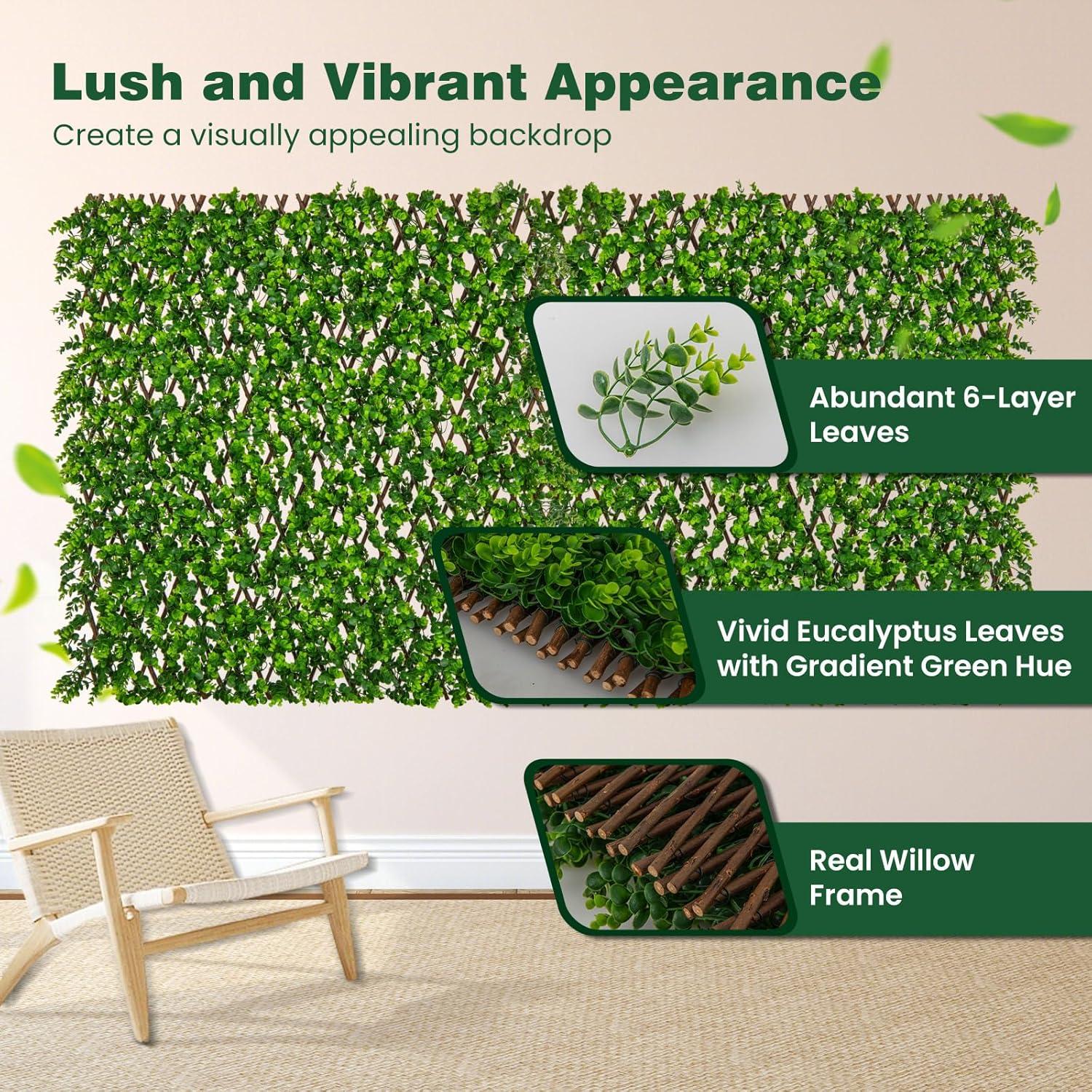 image:imageGiantex Expandable Fence Privacy Screen Decorative Faux Purple Eucalyptus Fencing Panel for Balcony Artificial Hedges with PE Leaves and Willow for Outdoors Garden Patio Deck Apartment 1 PackGreen Eucalyptus