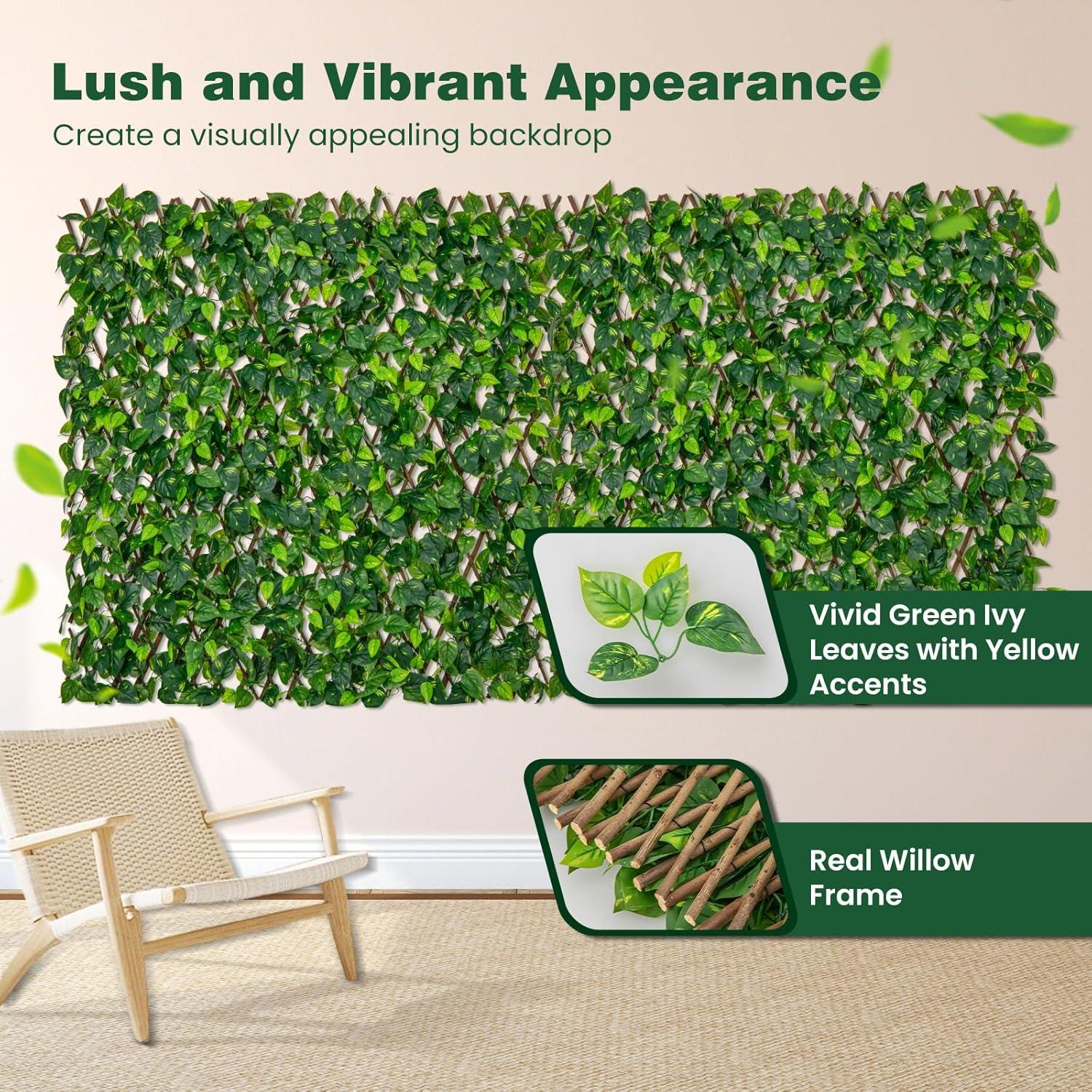 image:imageGiantex Expandable Fence Privacy Screen Decorative Faux Purple Eucalyptus Fencing Panel for Balcony Artificial Hedges with PE Leaves and Willow for Outdoors Garden Patio Deck Apartment 1 PackGreen Ivy
