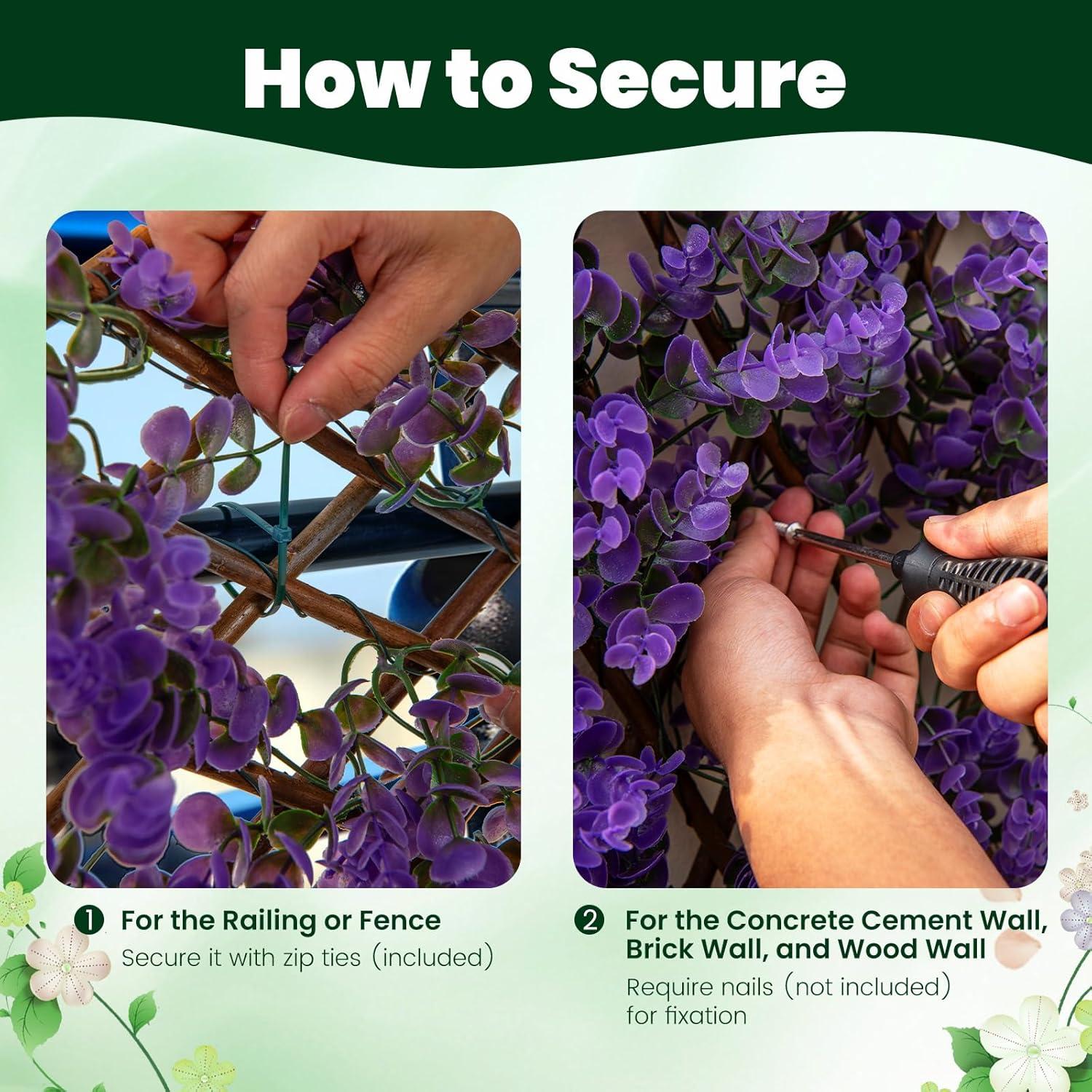 image:imageGiantex Expandable Fence Privacy Screen Decorative Faux Purple Eucalyptus Fencing Panel for Balcony Artificial Hedges with PE Leaves and Willow for Outdoors Garden Patio Deck Apartment 1 PackPurple Eucalyptus