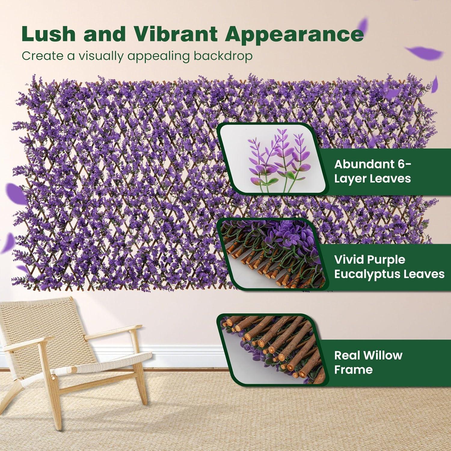 image:imageGiantex Expandable Fence Privacy Screen Decorative Faux Purple Eucalyptus Fencing Panel for Balcony Artificial Hedges with PE Leaves and Willow for Outdoors Garden Patio Deck Apartment 1 PackPurple Eucalyptus