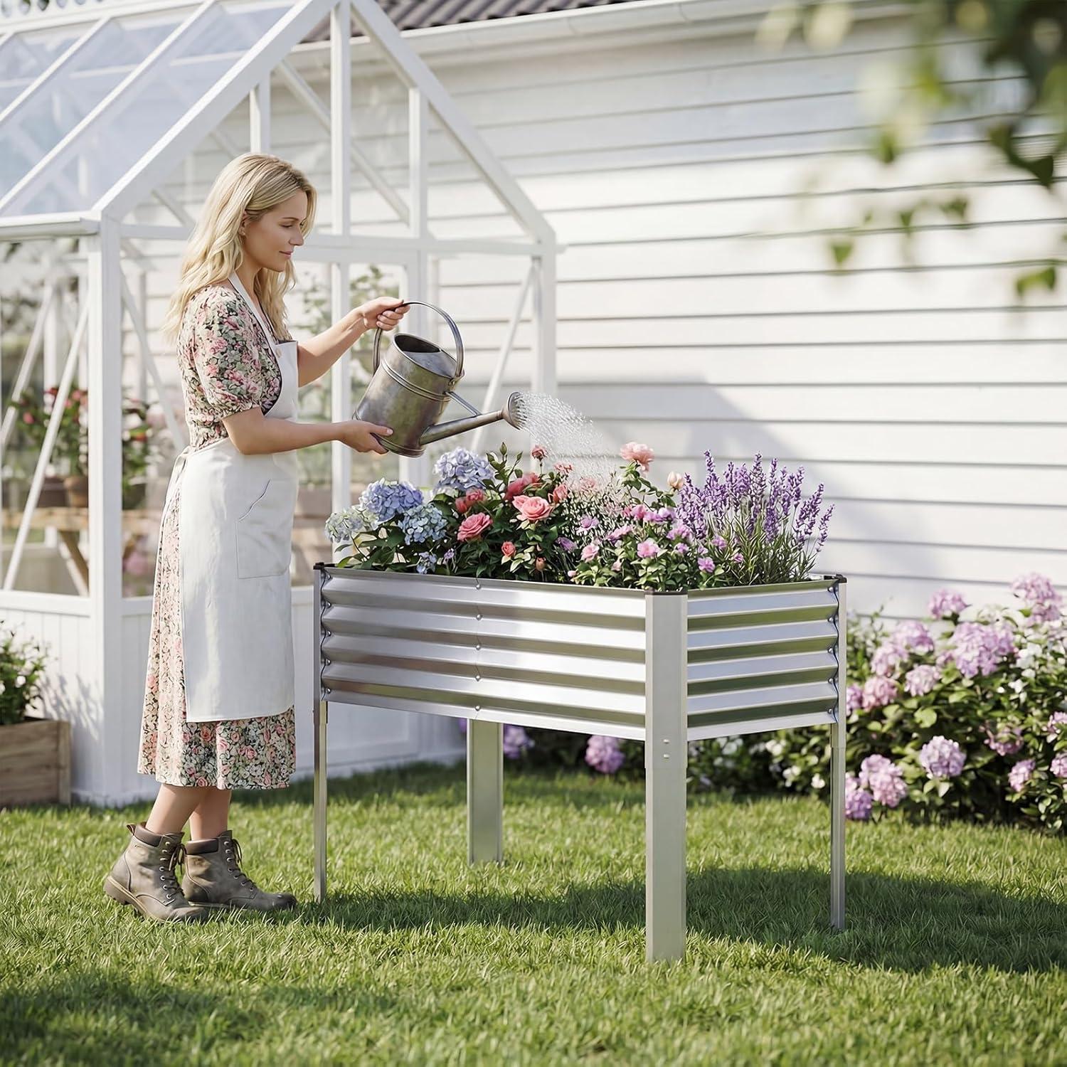 image:imageGiantex Galvanized Raised Garden Bed with Legs 46x24x31 Metal Elevated Planter Box for Gardening Vegetables Flowers amp Fruits Large Outdoor Planting Box for Garden Backyard amp Patio GraySilver