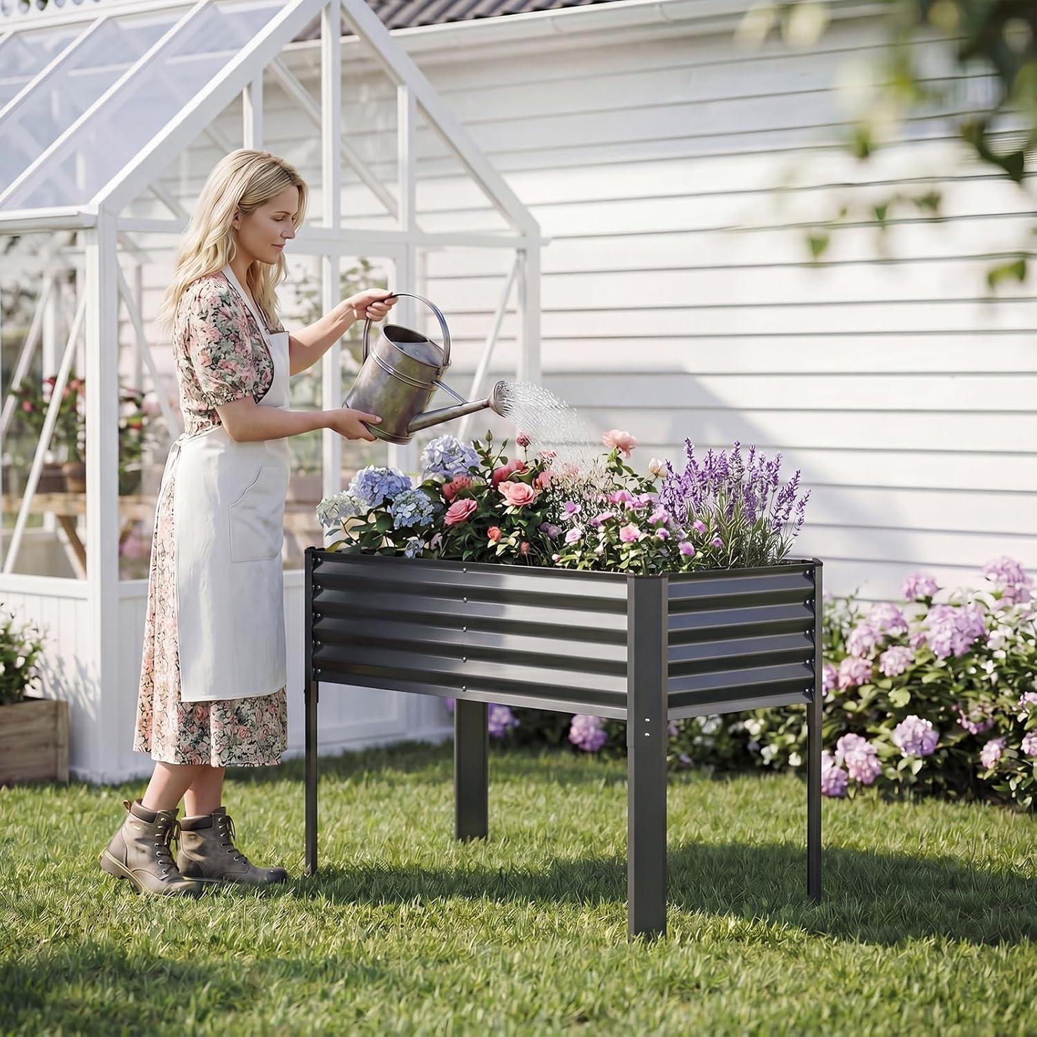 image:imageGiantex Galvanized Raised Garden Bed with Legs 46x24x31 Metal Elevated Planter Box for Gardening Vegetables Flowers amp Fruits Large Outdoor Planting Box for Garden Backyard amp Patio GrayDark Gray