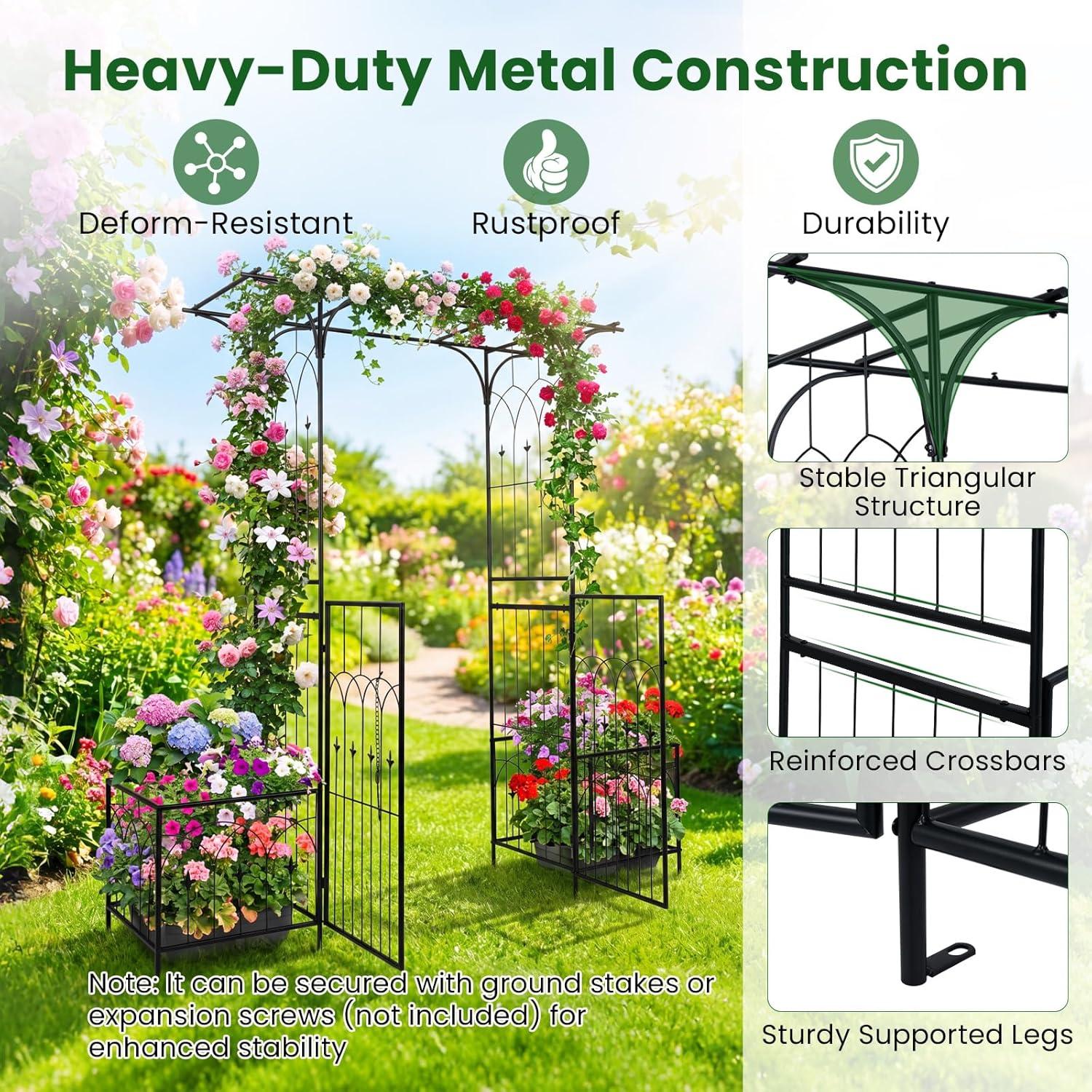 image:imageGiantex Garden Arbor with Gate and Planter 79 W x 81 H Metal Arch Trellis with Double Doors Outdoor Archway for Climbing Plants Weddings Backyard Patio Lawn Ceremony Party Decoration79W x 81H
