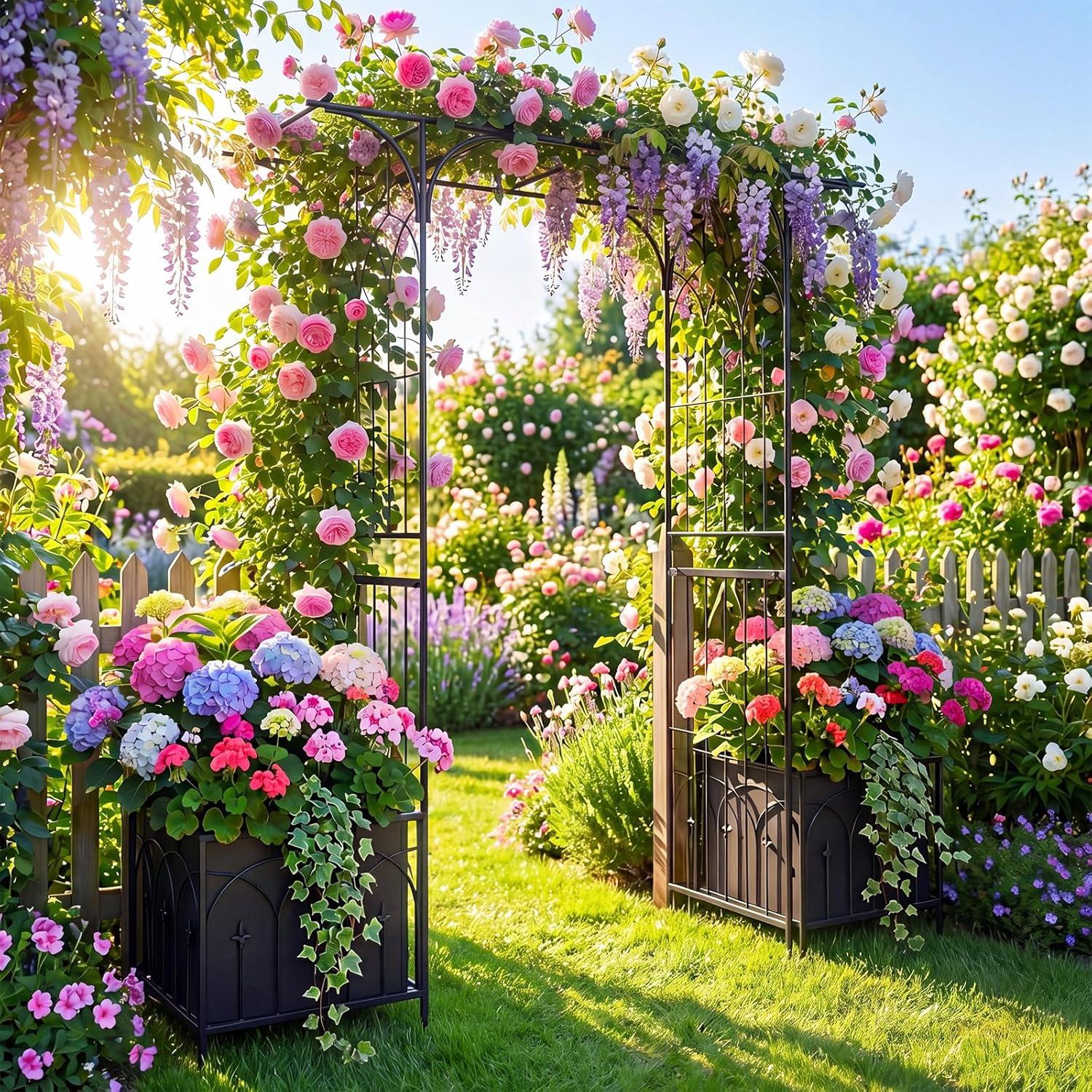 image:imageGiantex Garden Arbor with Gate and Planter 79 W x 81 H Metal Arch Trellis with Double Doors Outdoor Archway for Climbing Plants Weddings Backyard Patio Lawn Ceremony Party Decoration79W x 81H