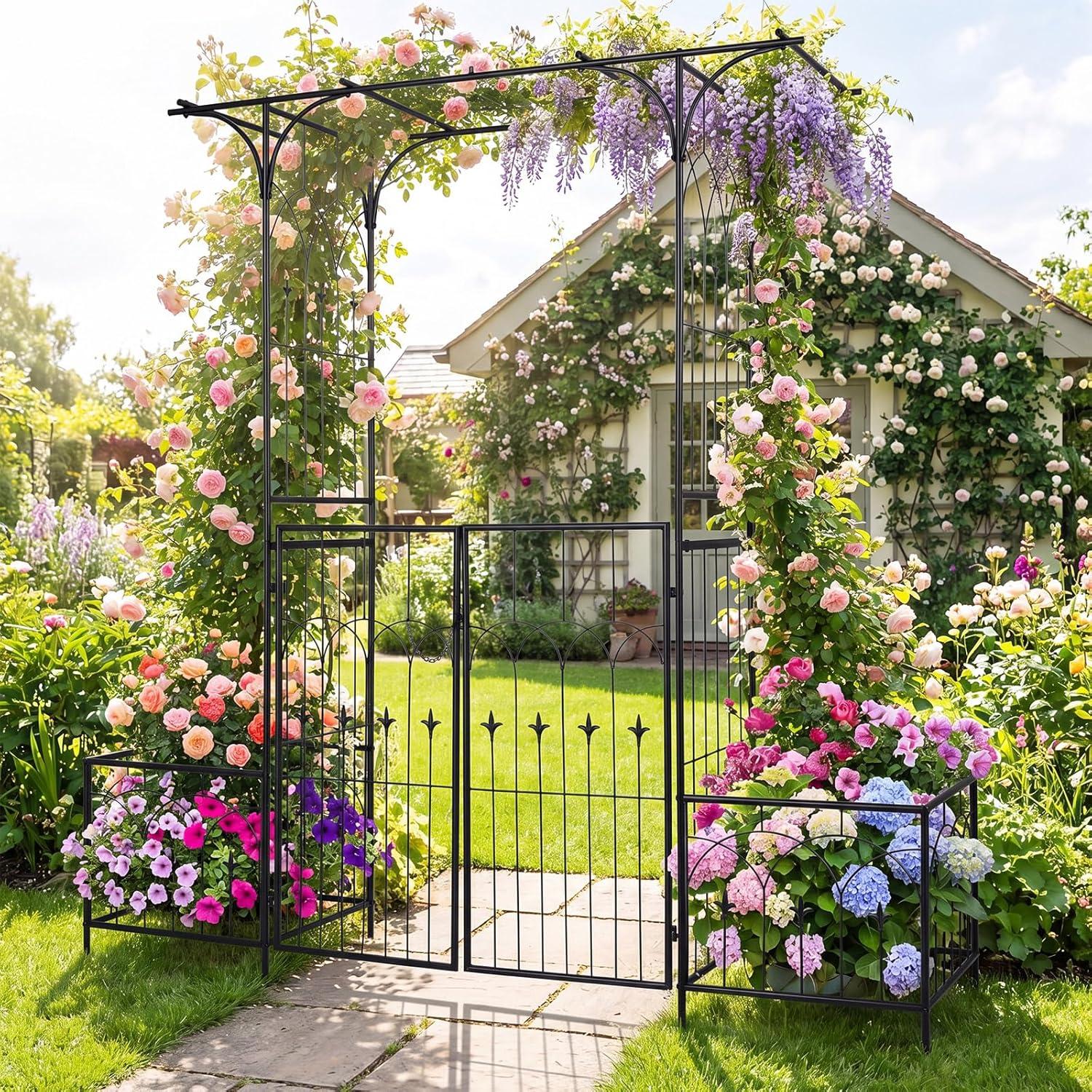 image:imageGiantex Garden Arbor with Gate and Planter 79 W x 81 H Metal Arch Trellis with Double Doors Outdoor Archway for Climbing Plants Weddings Backyard Patio Lawn Ceremony Party Decoration79W x 81H