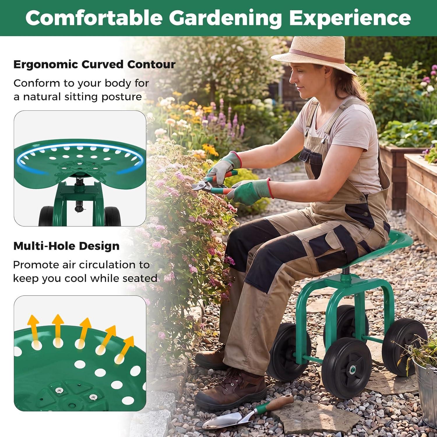 image:imageGiantex Garden Cart Rolling Workseat with 4 Wheels Garden Stool 360 Swivel Work Seat amp Adjustable Height Heavy Duty Wagon Scooter for Gardening for Patio Garden Lawn Yard GreenGreen