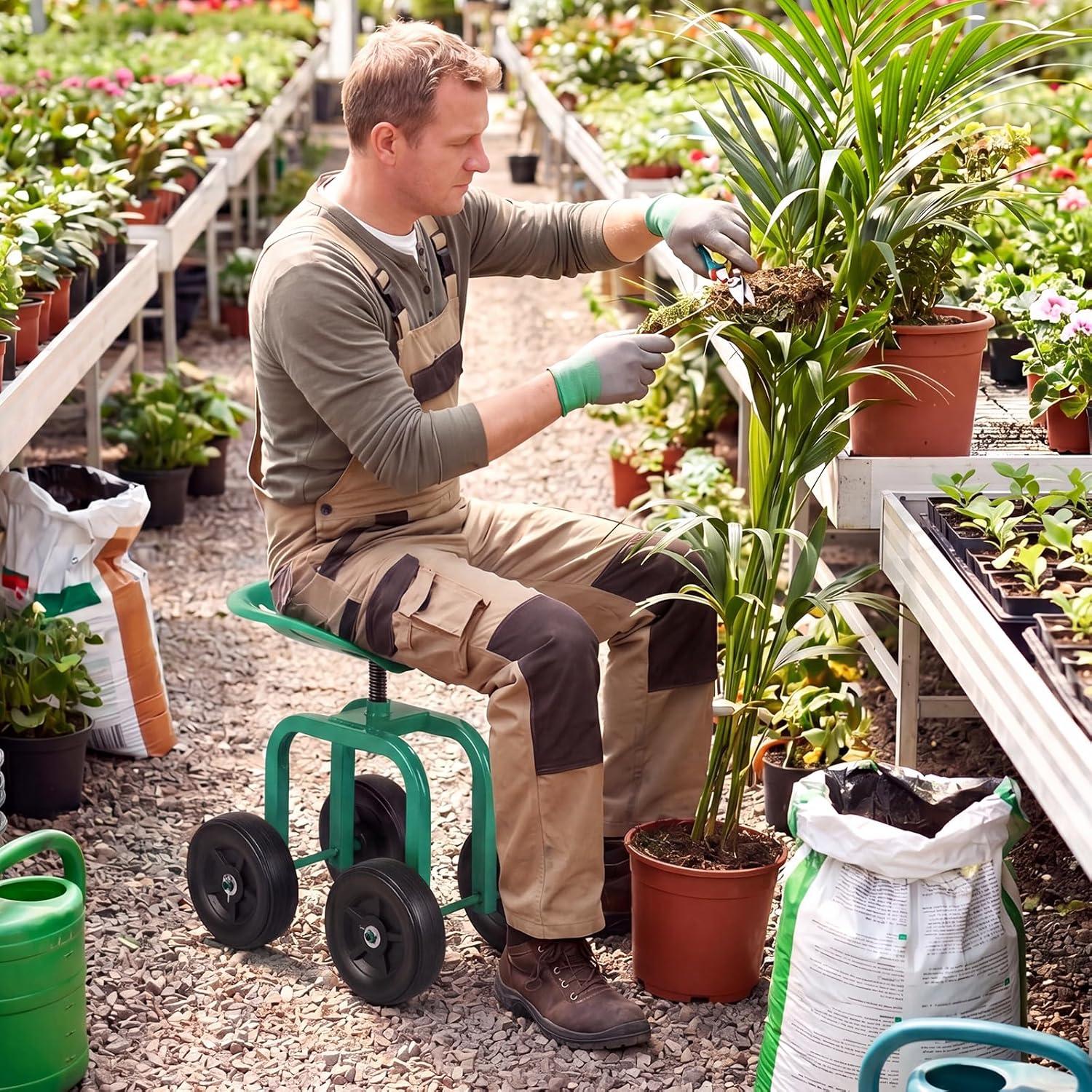 image:imageGiantex Garden Cart Rolling Workseat with 4 Wheels Garden Stool 360 Swivel Work Seat amp Adjustable Height Heavy Duty Wagon Scooter for Gardening for Patio Garden Lawn Yard GreenGreen