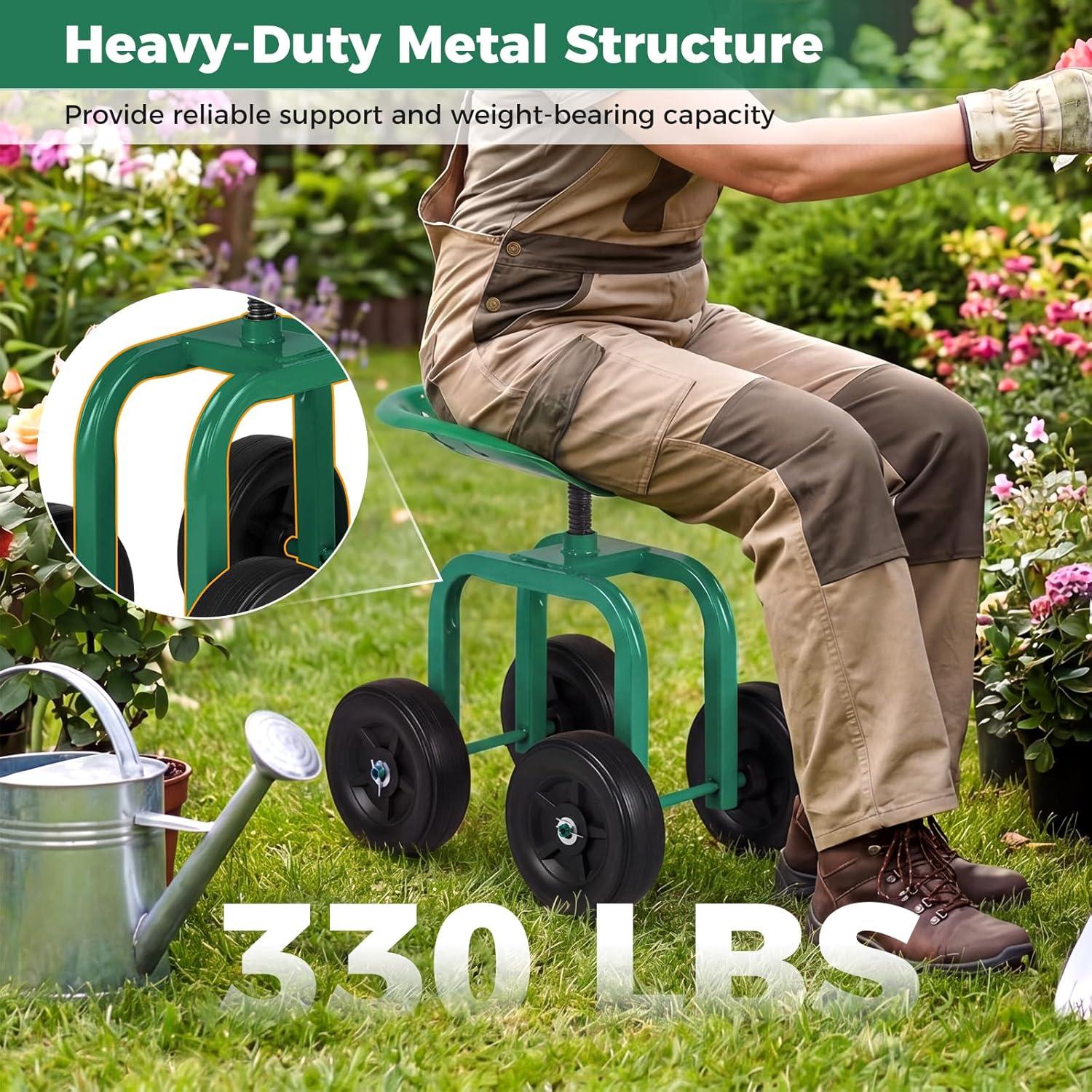 image:imageGiantex Garden Cart Rolling Workseat with 4 Wheels Garden Stool 360 Swivel Work Seat amp Adjustable Height Heavy Duty Wagon Scooter for Gardening for Patio Garden Lawn Yard GreenGreen
