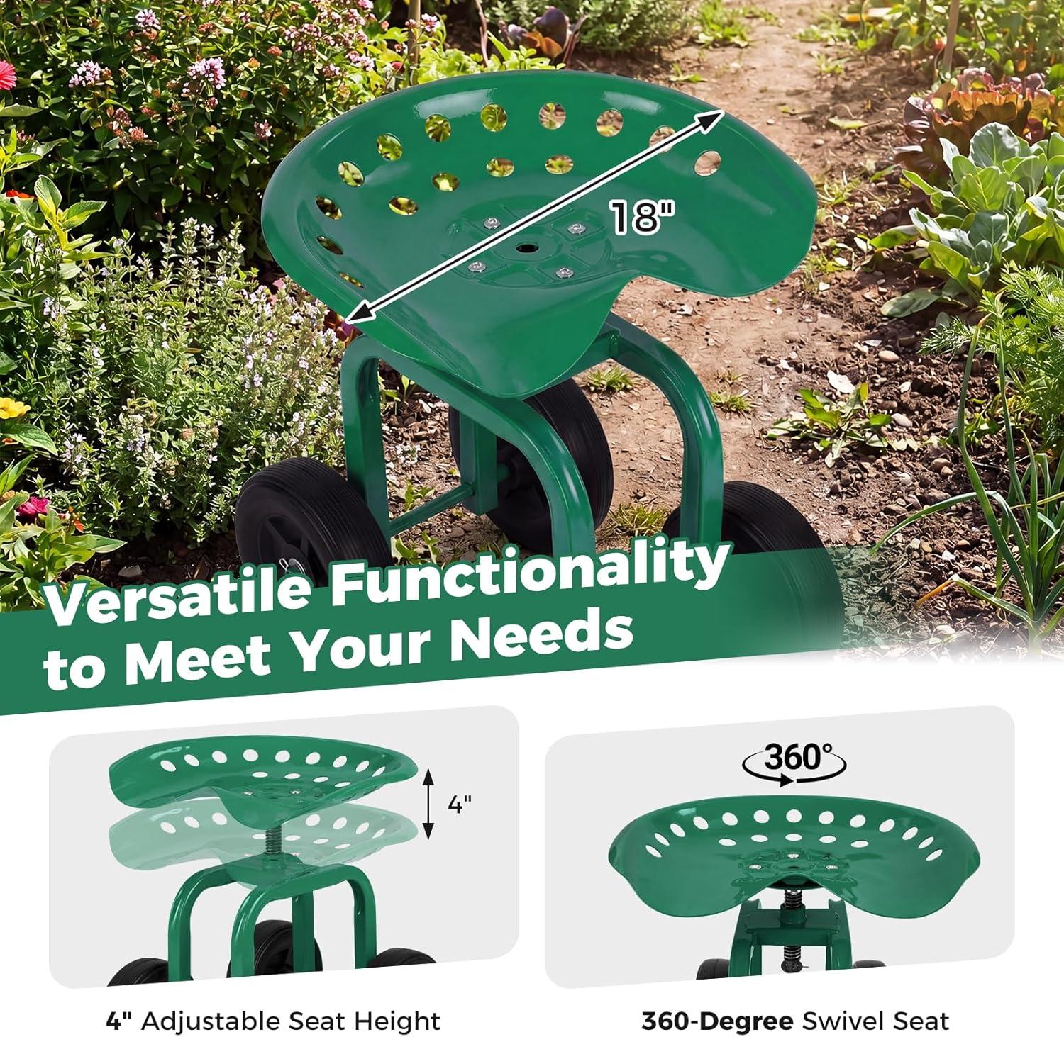 image:imageGiantex Garden Cart Rolling Workseat with 4 Wheels Garden Stool 360 Swivel Work Seat amp Adjustable Height Heavy Duty Wagon Scooter for Gardening for Patio Garden Lawn Yard GreenGreen