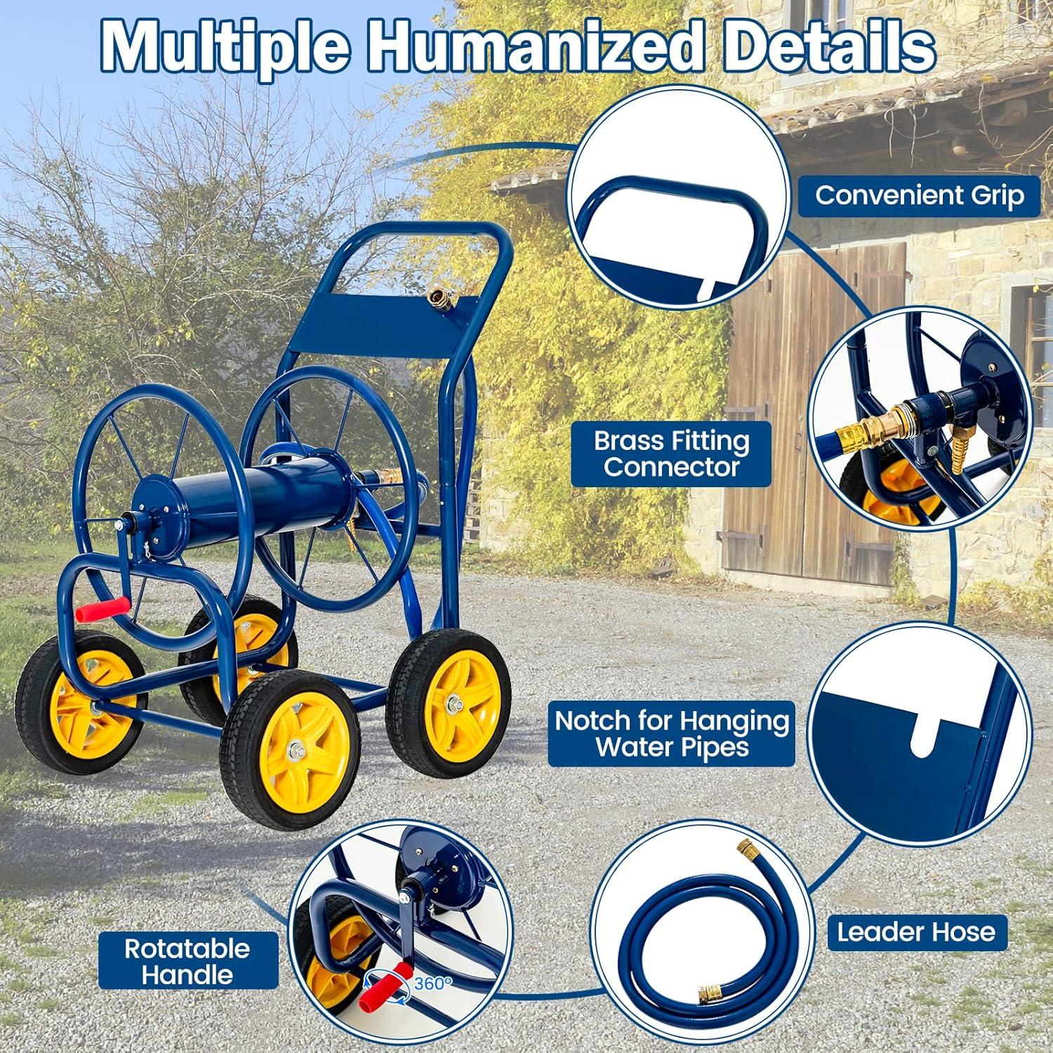 image:imageGiantex Garden Hose Reel Cart Water Hose Cart with 4 Wheels amp Nonslip Grip Outside Portable Water Hose Holder Hold 330 FT of 58 or 34 400 FT of 12 Hose for Lawn Garden Yard Watering BlueBlue