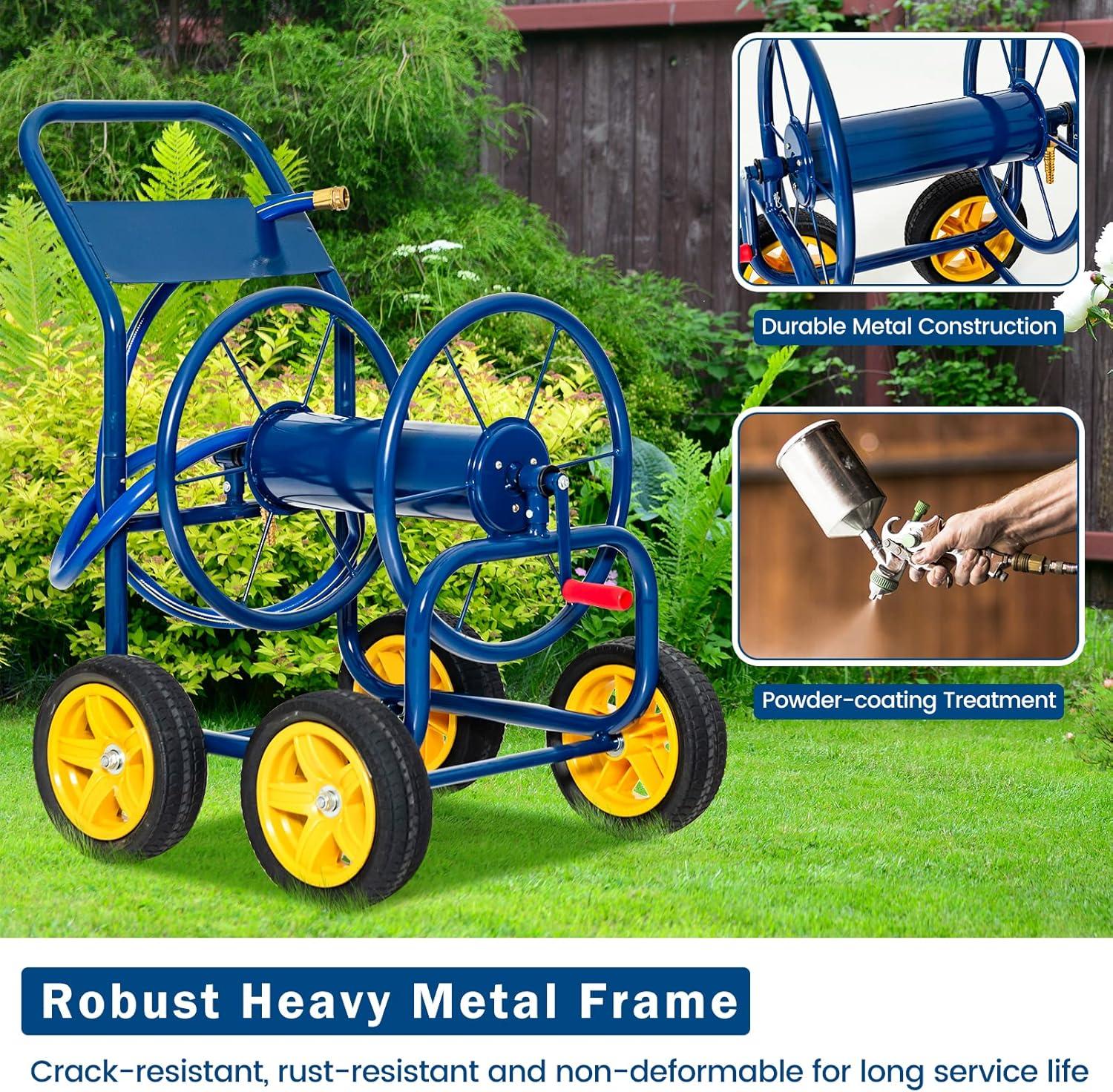 image:imageGiantex Garden Hose Reel Cart Water Hose Cart with 4 Wheels amp Nonslip Grip Outside Portable Water Hose Holder Hold 330 FT of 58 or 34 400 FT of 12 Hose for Lawn Garden Yard Watering BlueBlue