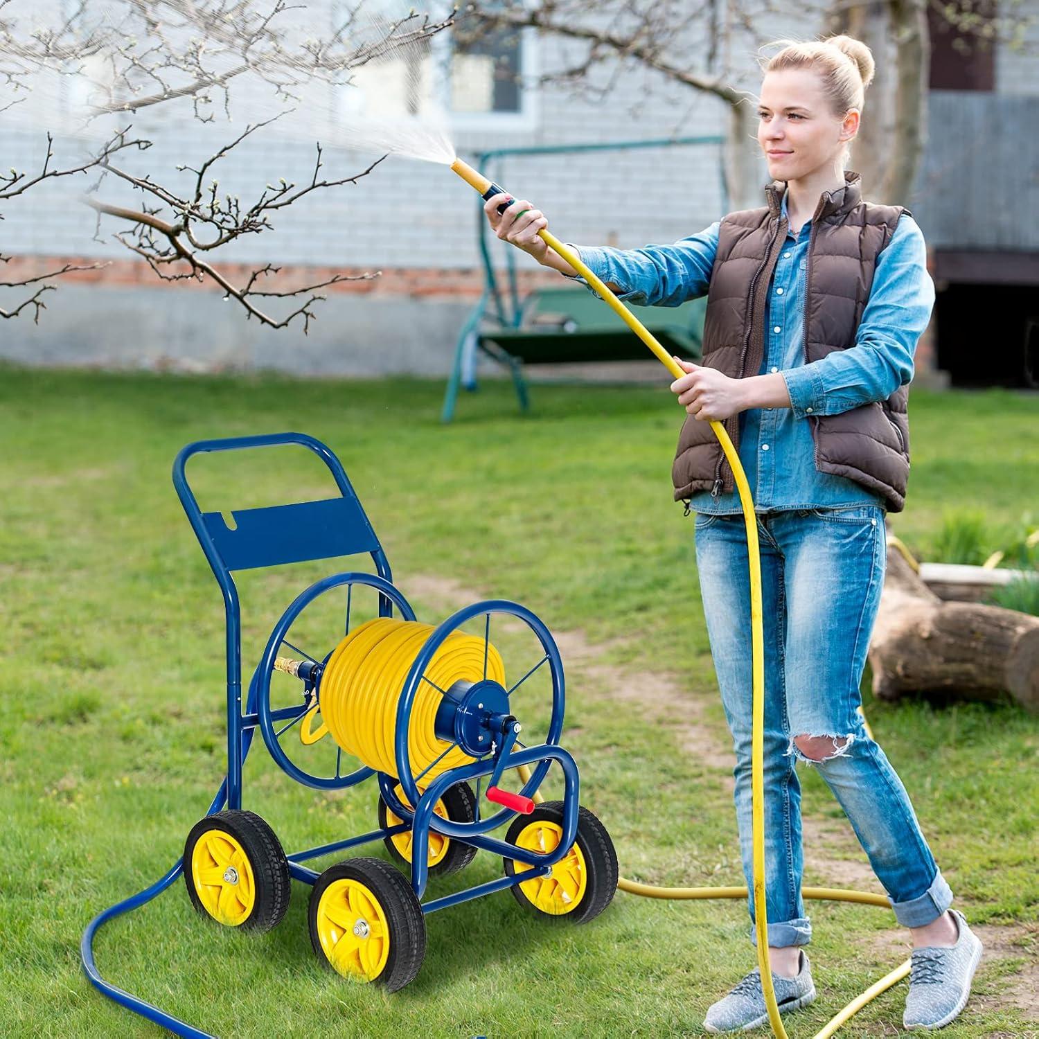 image:imageGiantex Garden Hose Reel Cart Water Hose Cart with 4 Wheels amp Nonslip Grip Outside Portable Water Hose Holder Hold 330 FT of 58 or 34 400 FT of 12 Hose for Lawn Garden Yard Watering BlueBlue