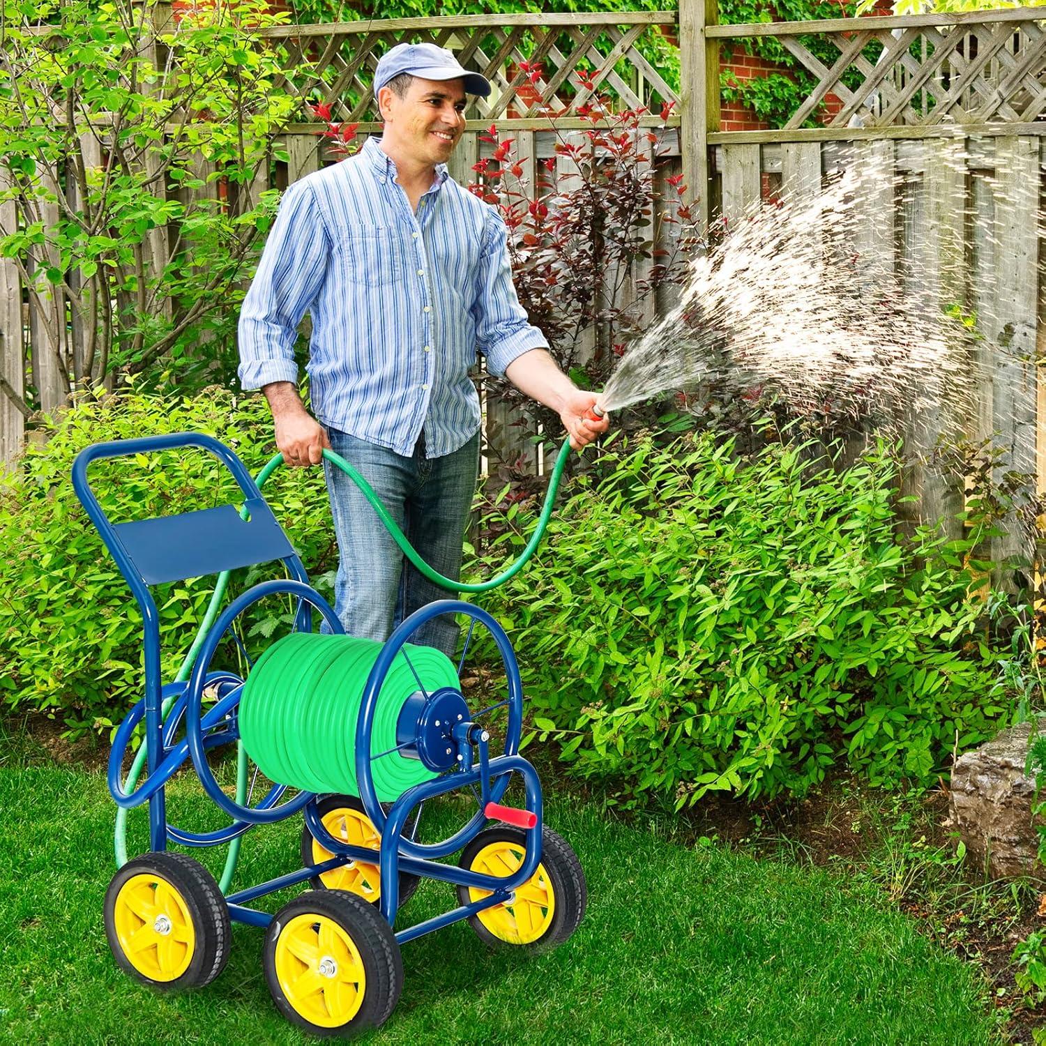 image:imageGiantex Garden Hose Reel Cart Water Hose Cart with 4 Wheels amp Nonslip Grip Outside Portable Water Hose Holder Hold 330 FT of 58 or 34 400 FT of 12 Hose for Lawn Garden Yard Watering BlueBlue