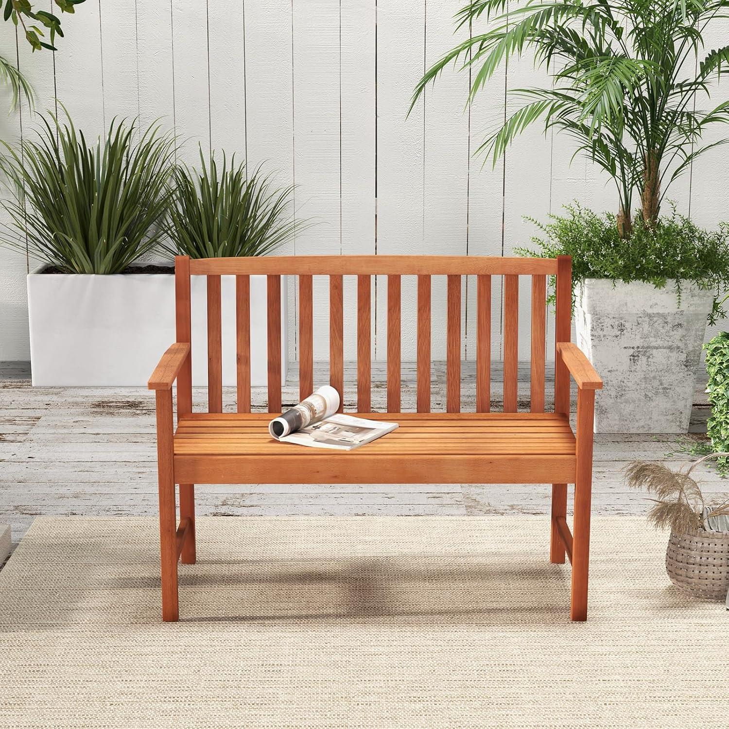 image:imageGiantex Outdoor Bench Wood Patio Bench with Cozy Armrests amp Backrest Slatted Sitting Area Eucalyptus Wood Frame 2Person Loveseat for Park Porch Yard 800 lbs Max Load Garden Bench Eucalyptus