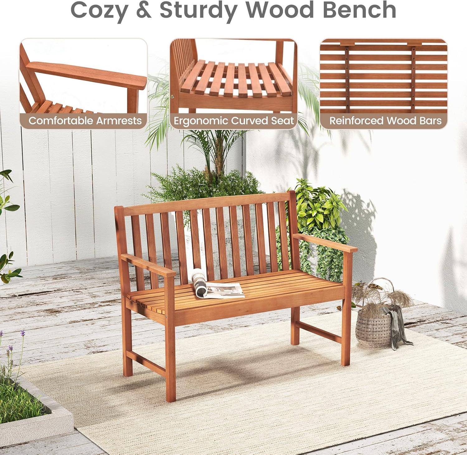 image:imageGiantex Outdoor Bench Wood Patio Bench with Cozy Armrests amp Backrest Slatted Sitting Area Eucalyptus Wood Frame 2Person Loveseat for Park Porch Yard 800 lbs Max Load Garden Bench Eucalyptus